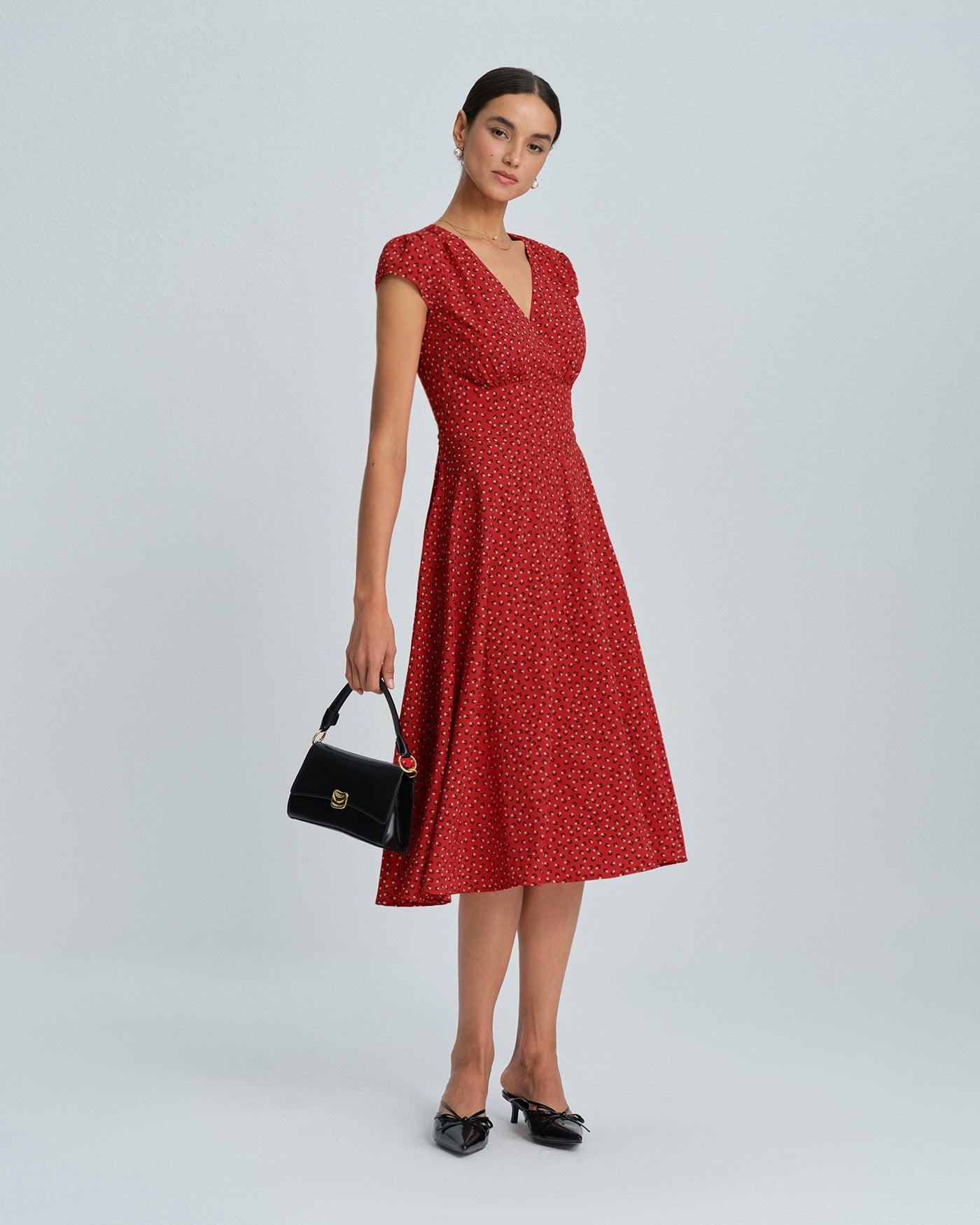 Red Cap Sleeve Floral Midi Dress