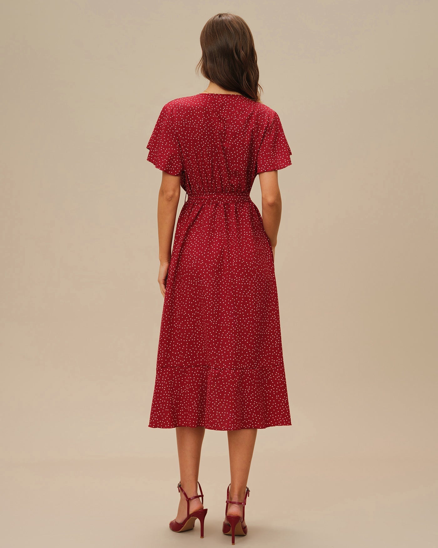 Red Butterfly Sleeve Polka Dot Midi Dress