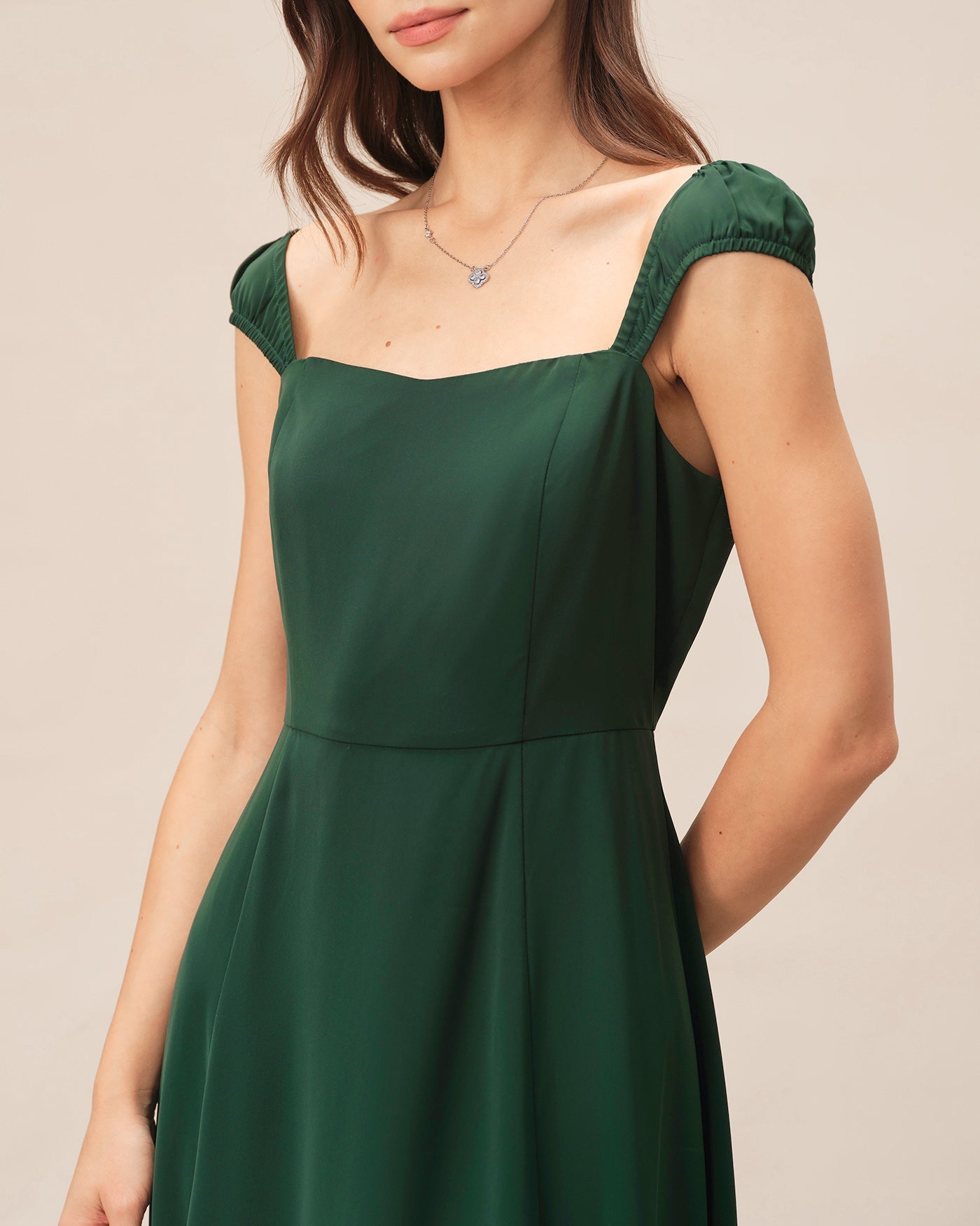 Green Square Neck Cap Sleeve Midi Dress