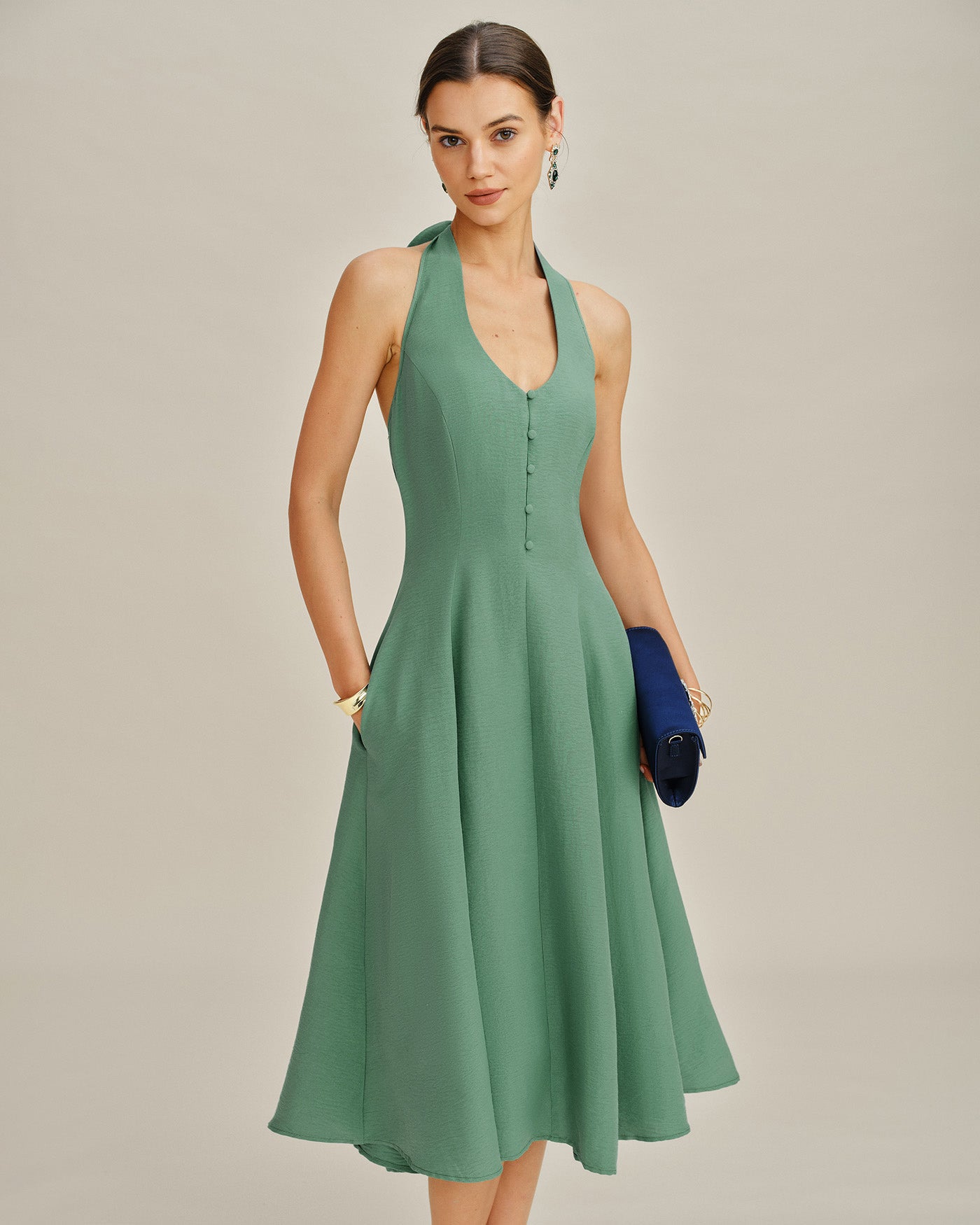 Green Halter Button Pockets Midi Dress