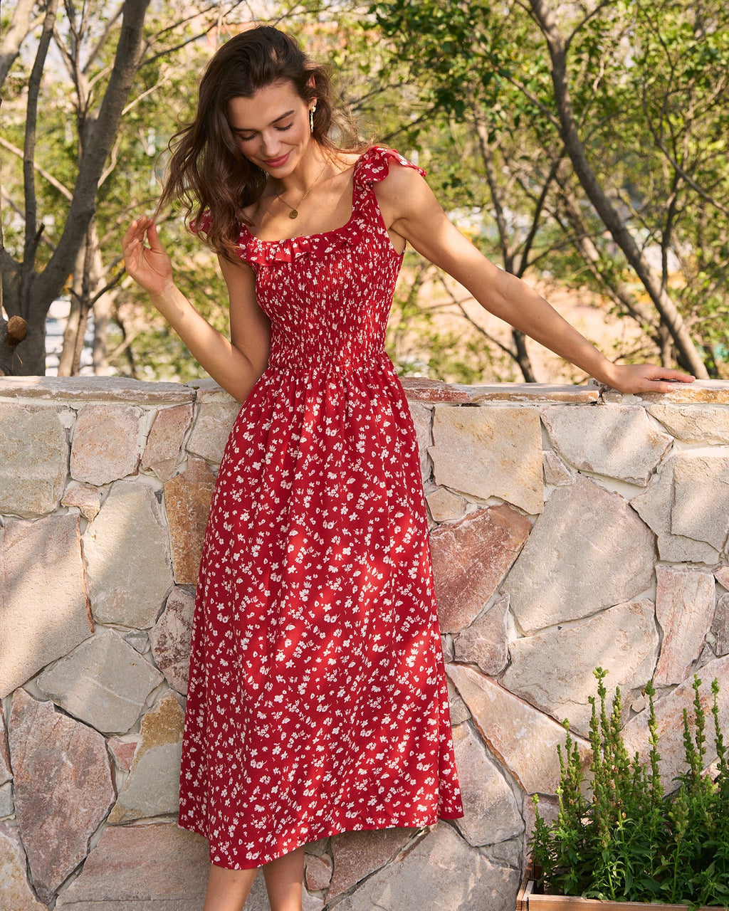 Red Square Neck Floral Midi Dress