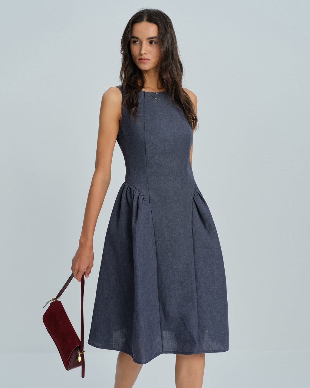 Grey Boat Neck Sleeveless Midi Dress