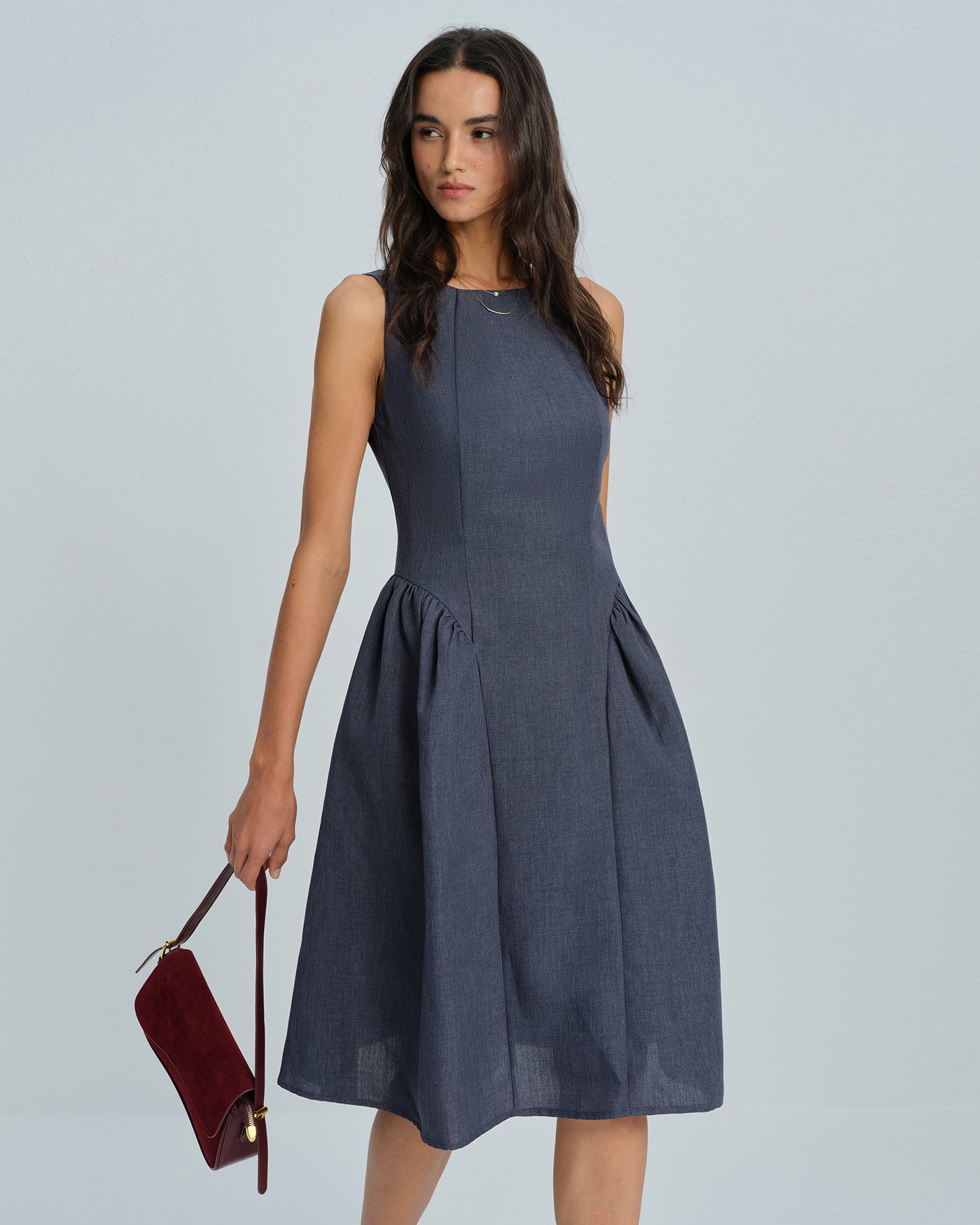 Grey Boat Neck Sleeveless Midi Dress