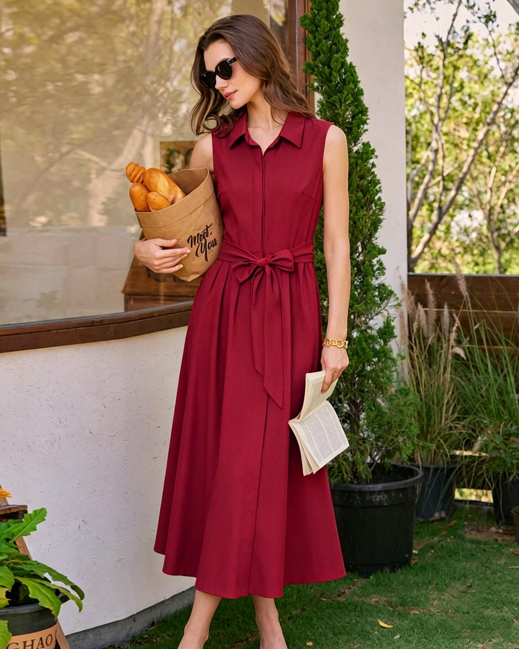 Red Collar Belt Button Midi Dress
