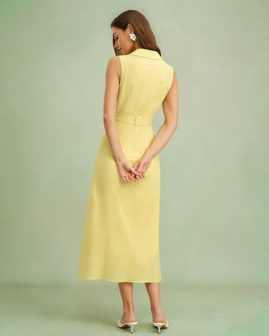 Yellow Collar Belt Button Midi Dress