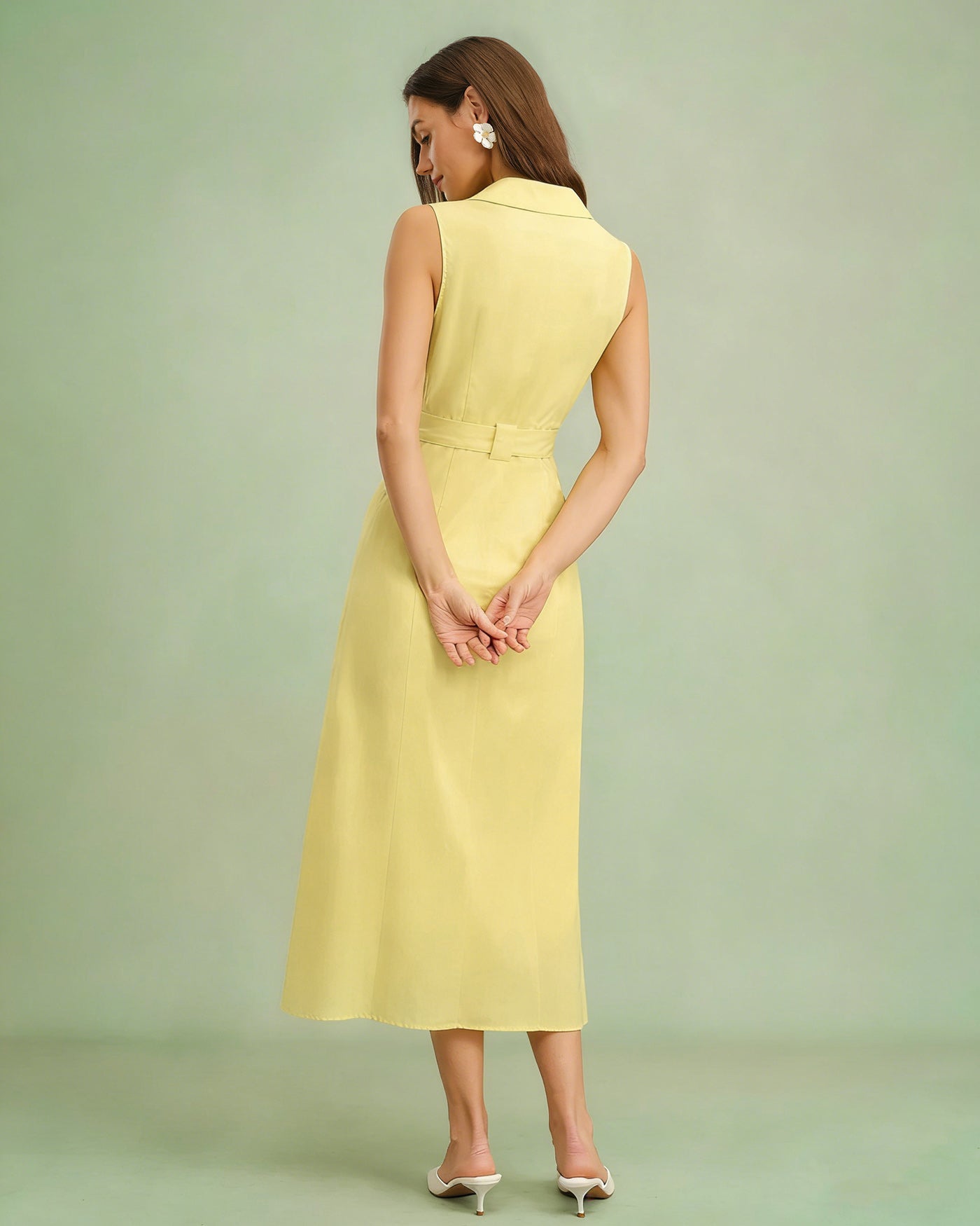Yellow Collar Belt Button Midi Dress