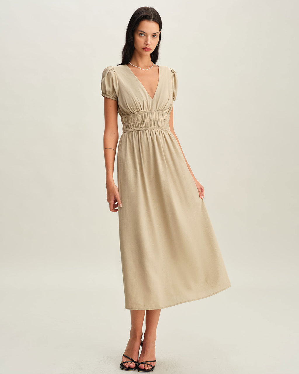 Beige Ruched Puffed Sleeve Midi Dress