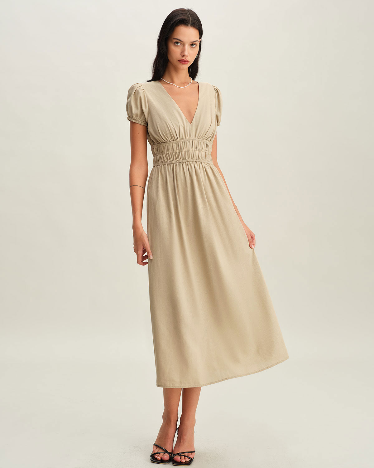 Beige Ruched Puffed Sleeve Midi Dress