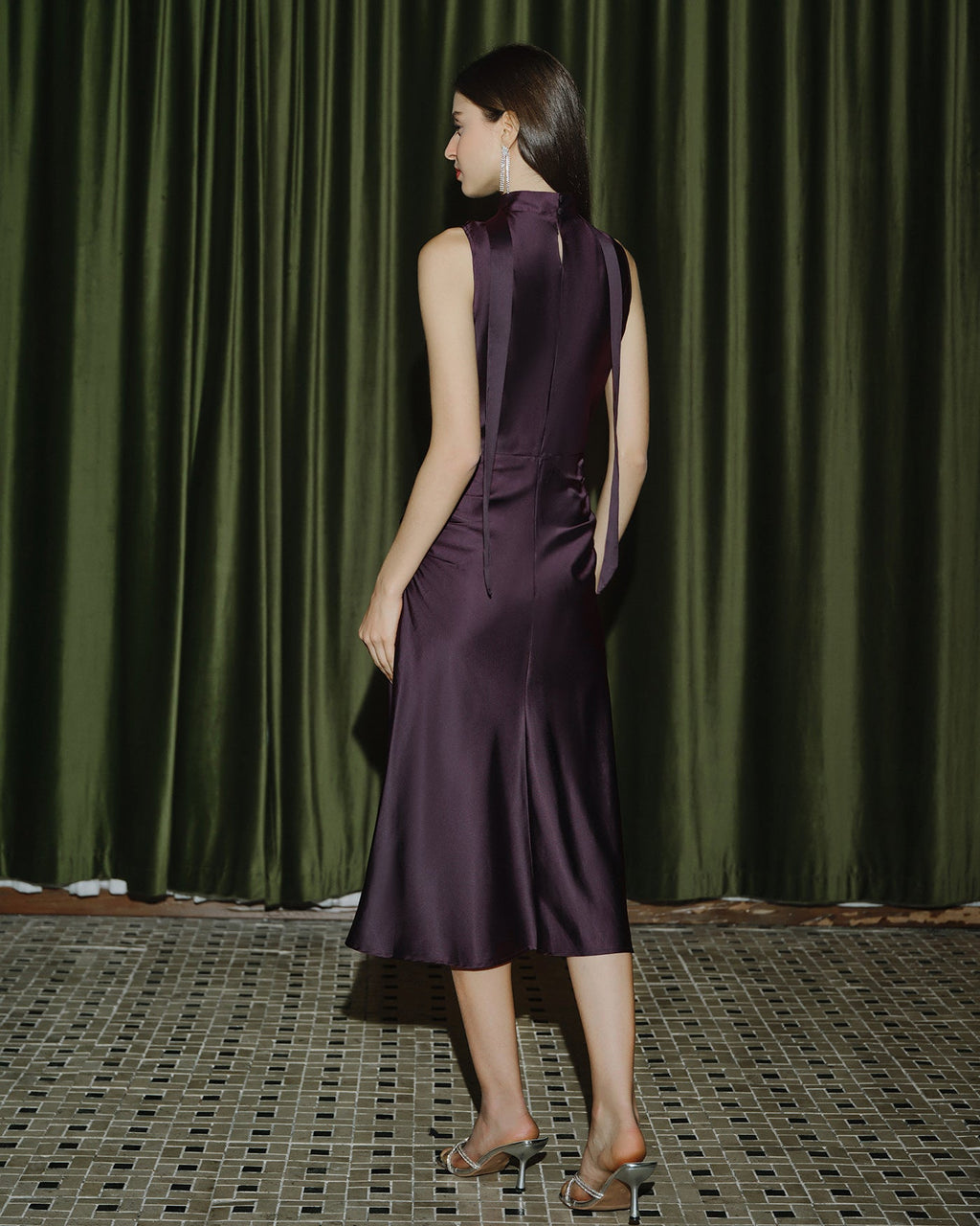 Purple Cowl Neck Mermaid Satin Midi Dress