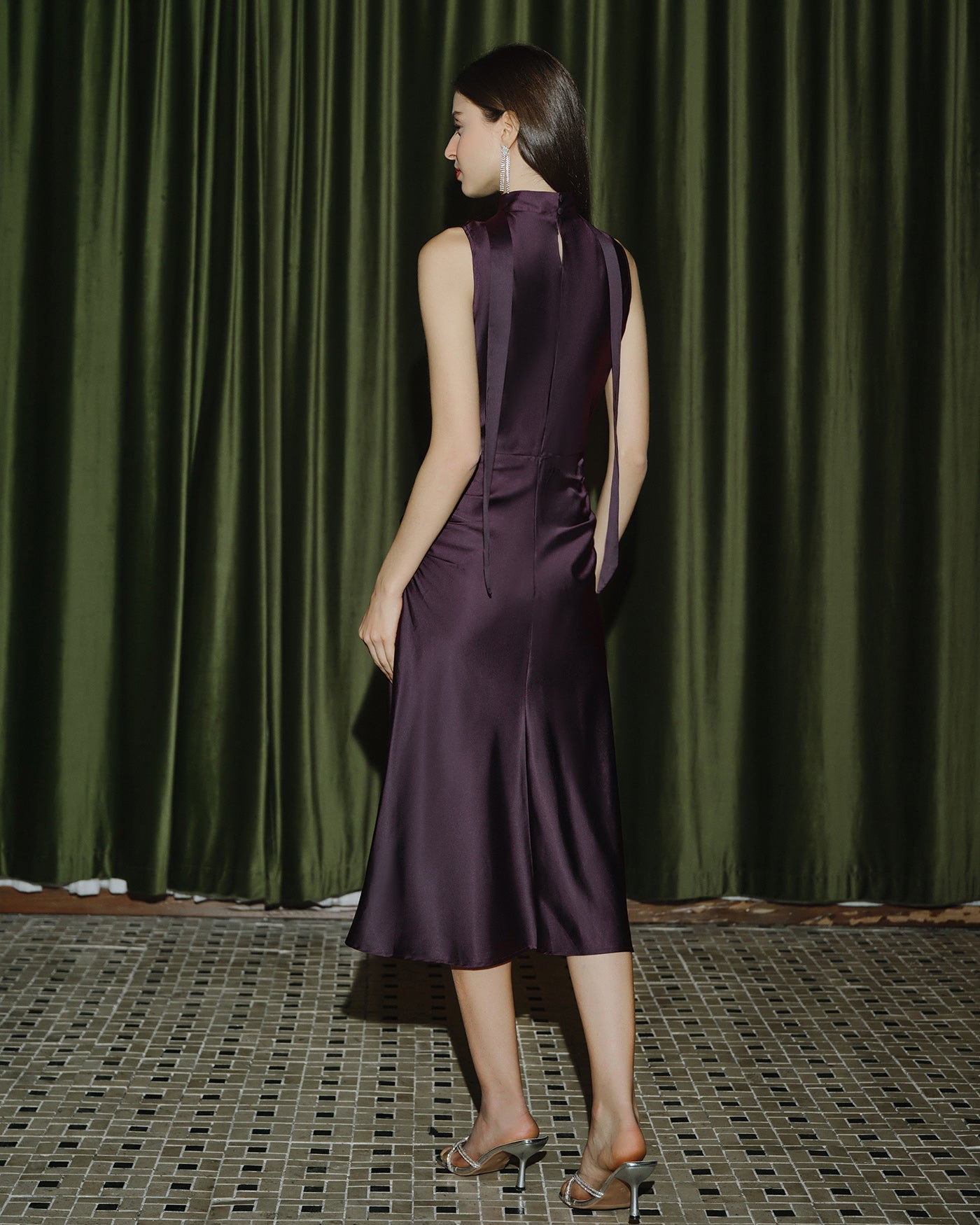 Purple Cowl Neck Mermaid Satin Midi Dress