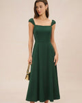 Green Square Neck Cap Sleeve Midi Dress