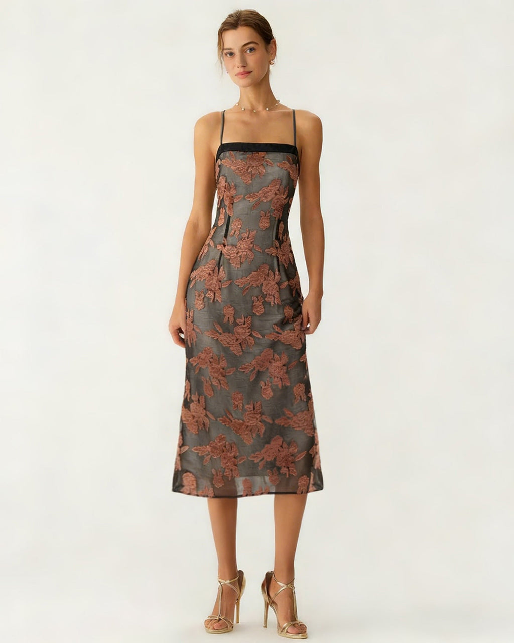 Caramel Floral Slip Midi Dress