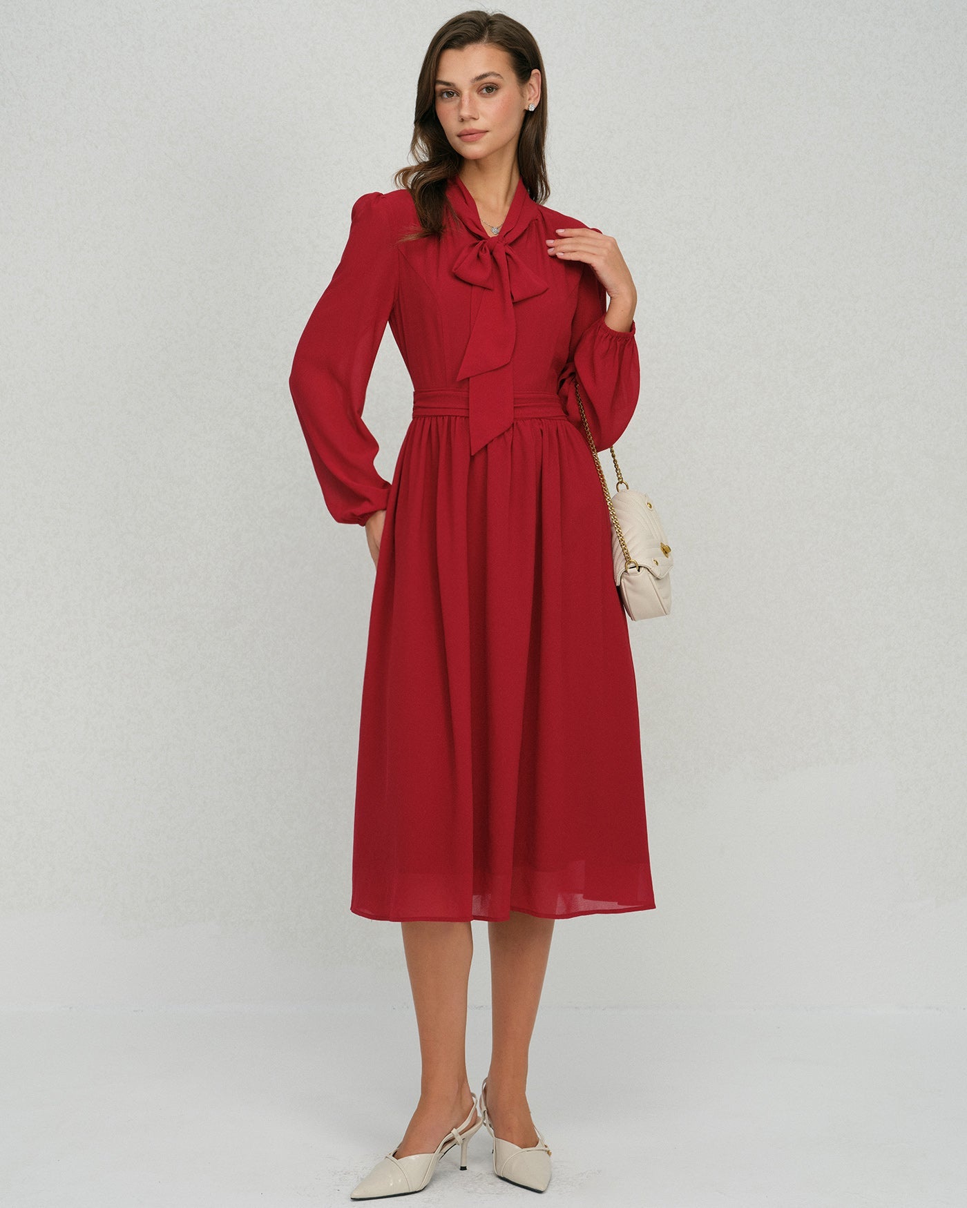 Wine Red Lantern Sleeve Chiffon Midi Dress