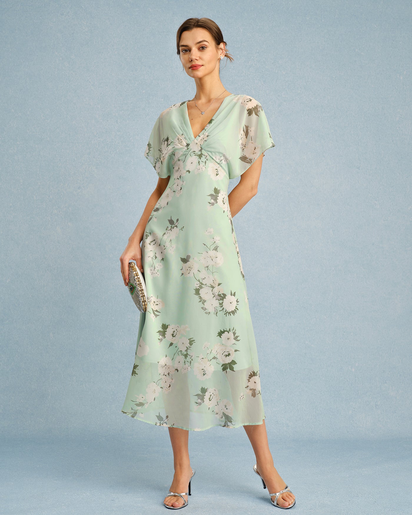 Green V Neck Floral Chiffon Midi Dress