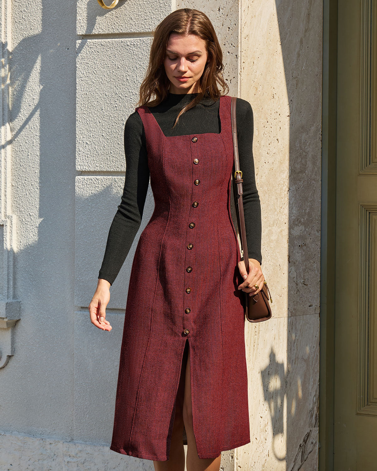 Red Sleeveless Slit Button Midi Dress