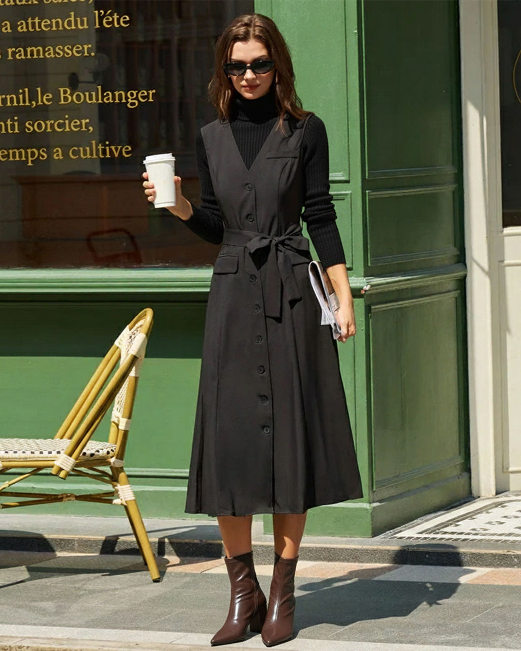 Black V Neck Belted Sleeveless Midi Dress