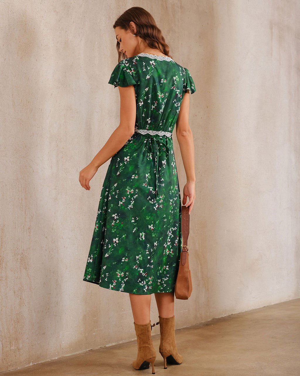 Green Floral V Neck Ruched Midi Dress