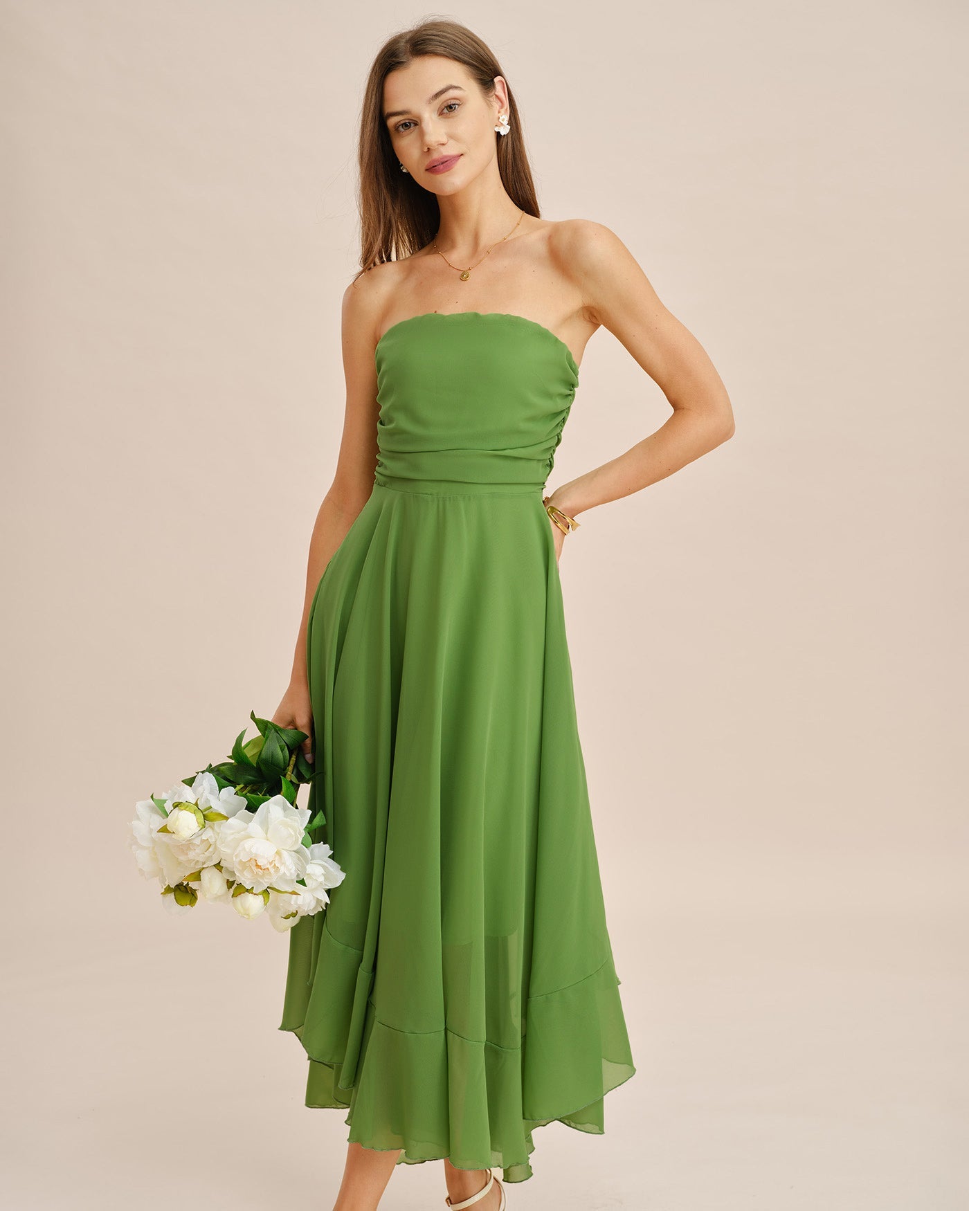 Green Flowy Strapless Midi Dress