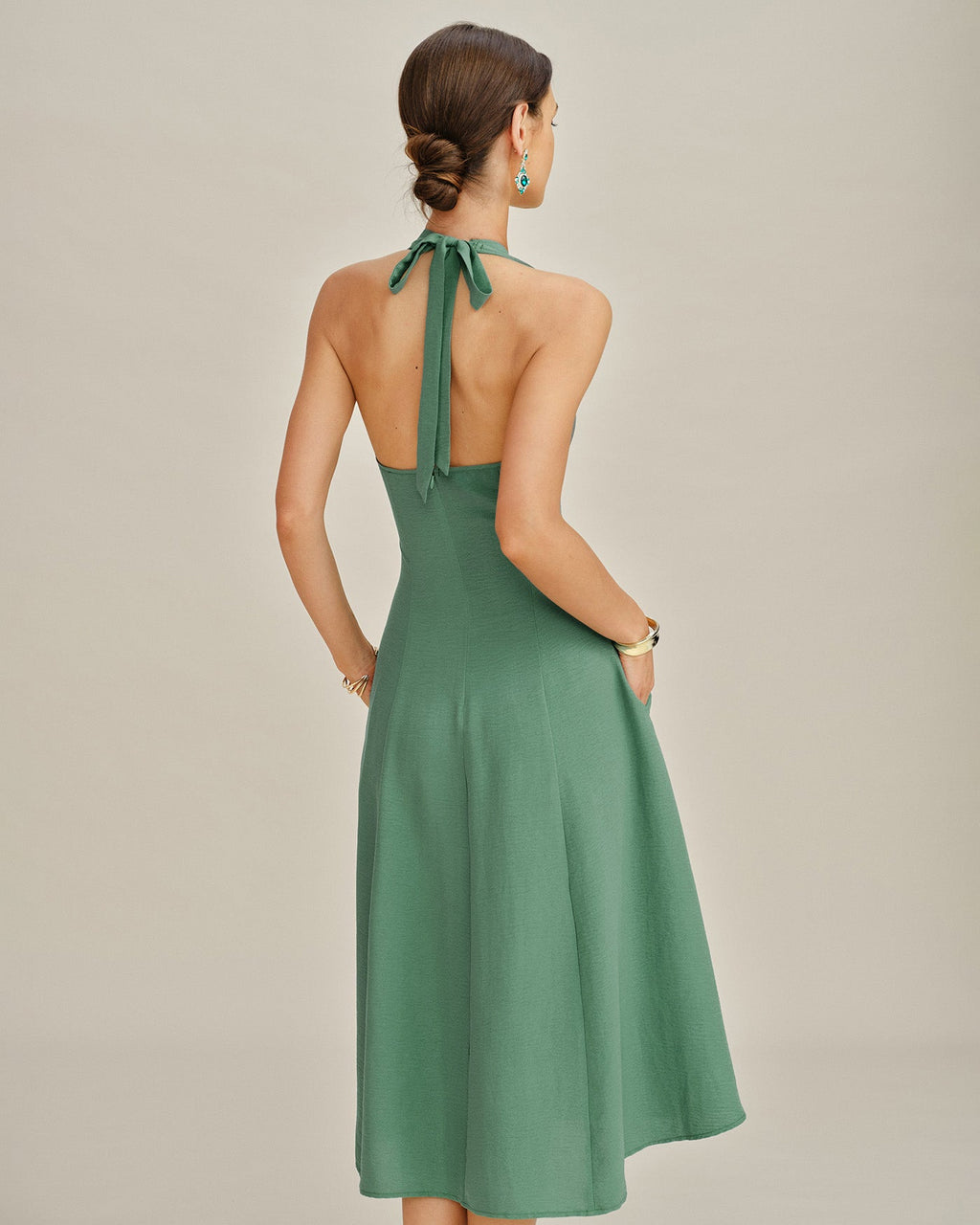 Green Halter Button Pockets Midi Dress