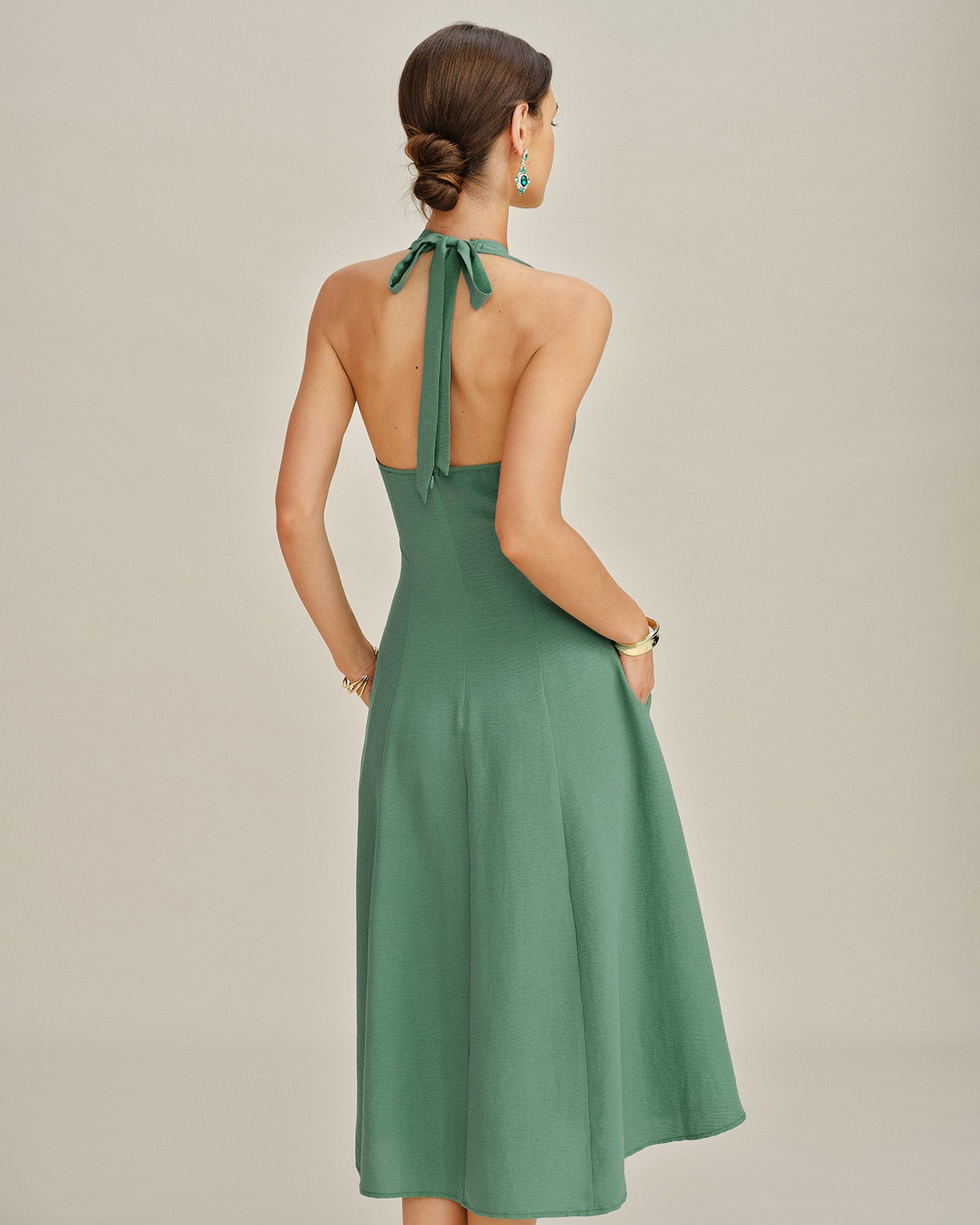 Green Halter Button Pockets Midi Dress