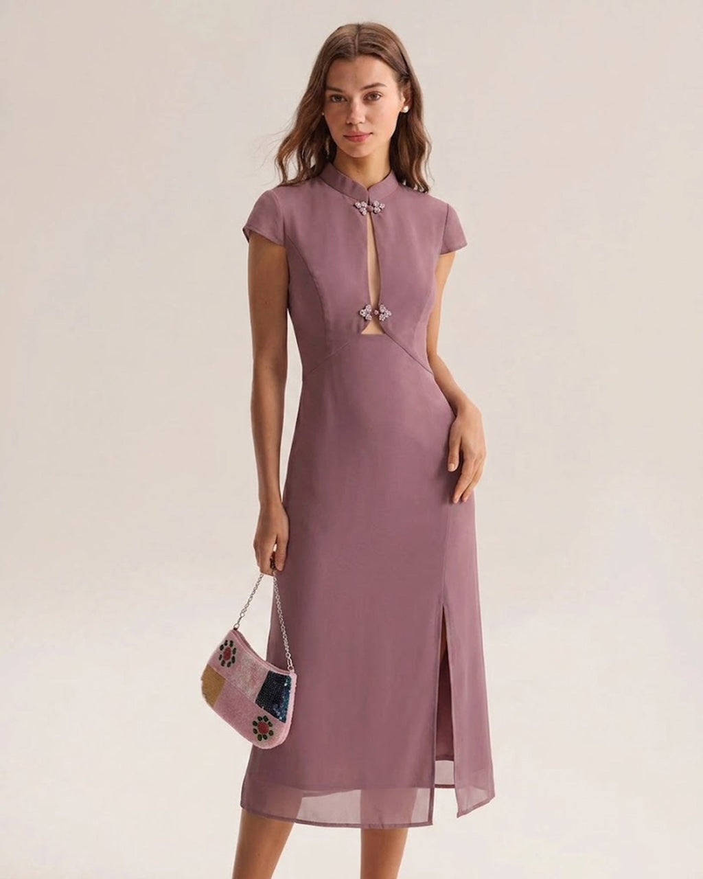 Purple Mandarin Collar Chiffon Midi Dress