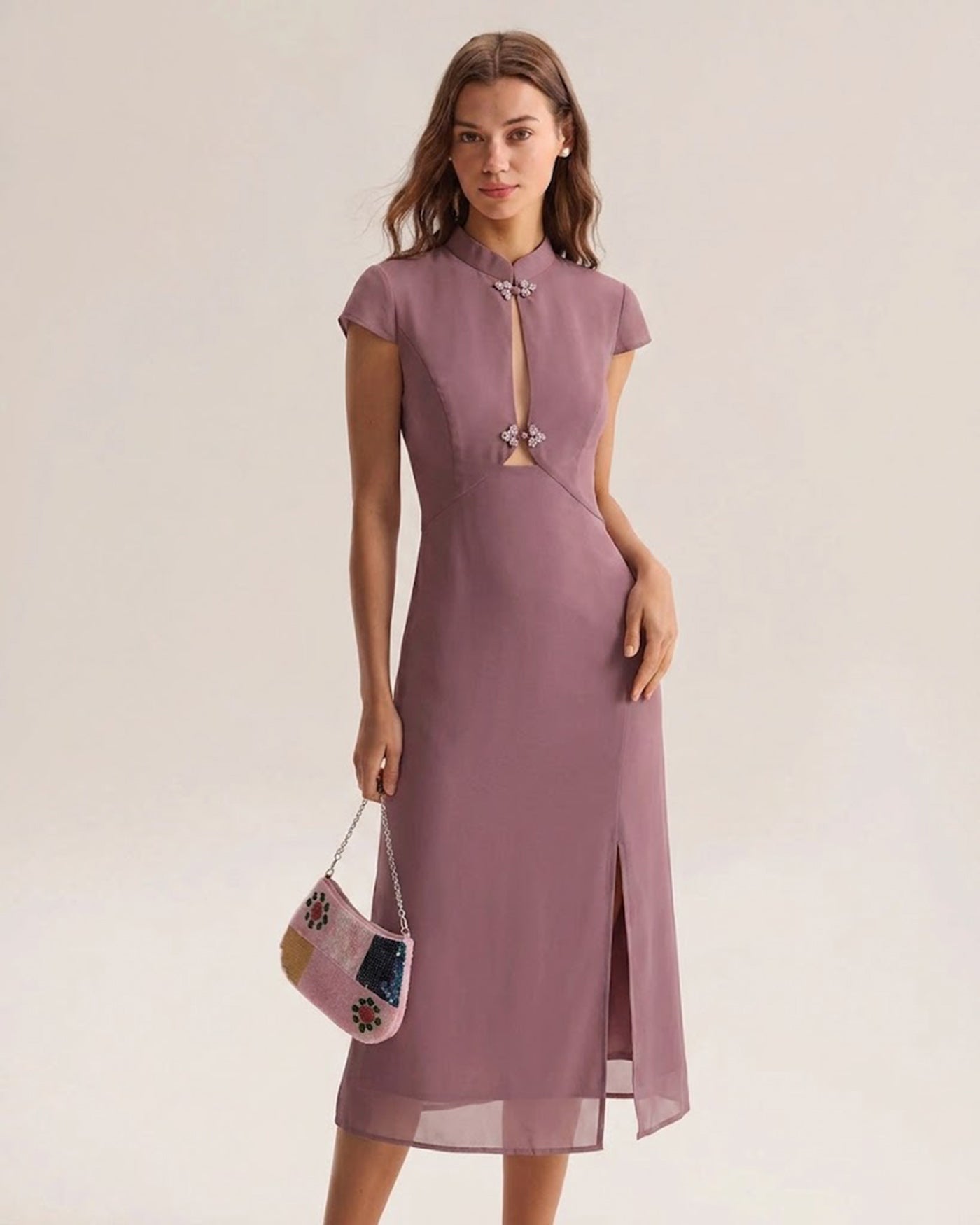 Purple Mandarin Collar Chiffon Midi Dress