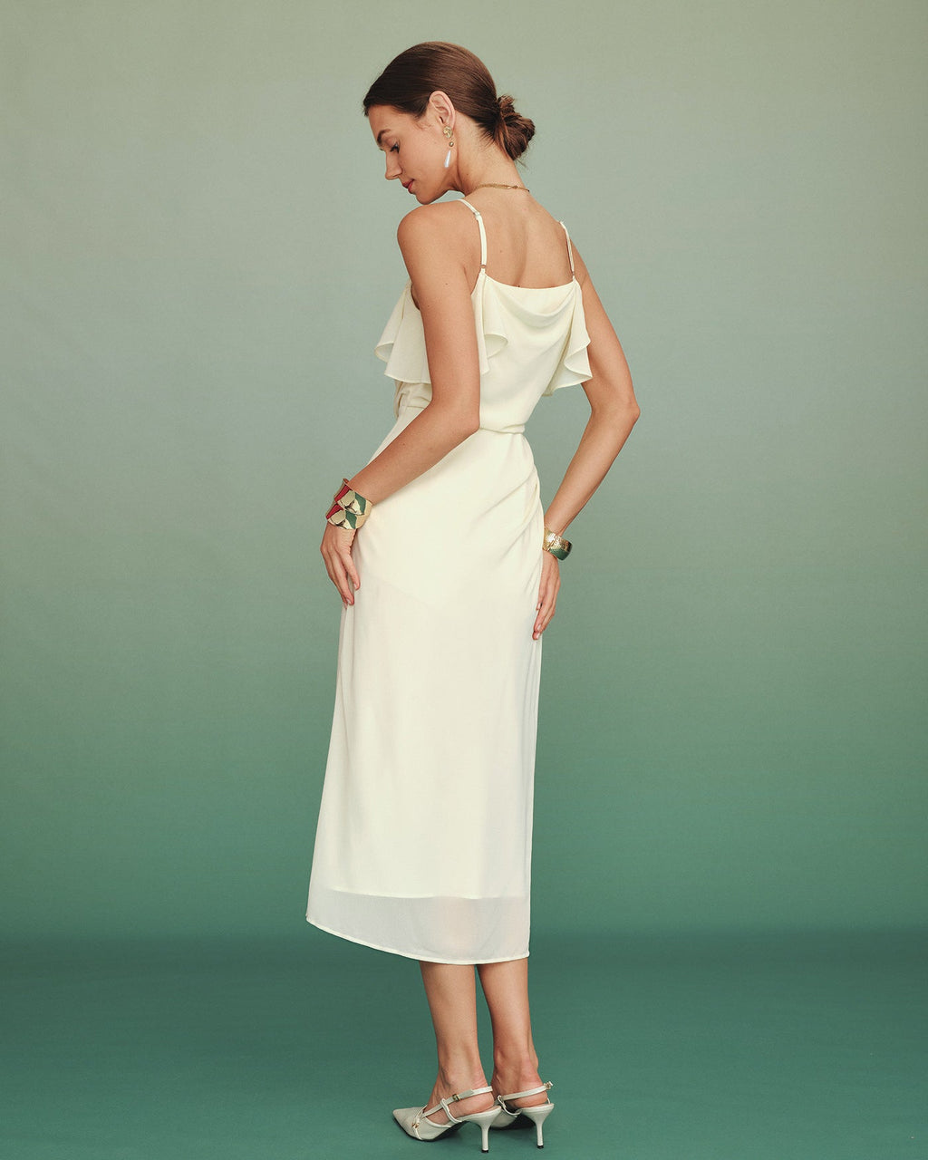 Apricot Ruffle Slip Chiffon Midi Dress