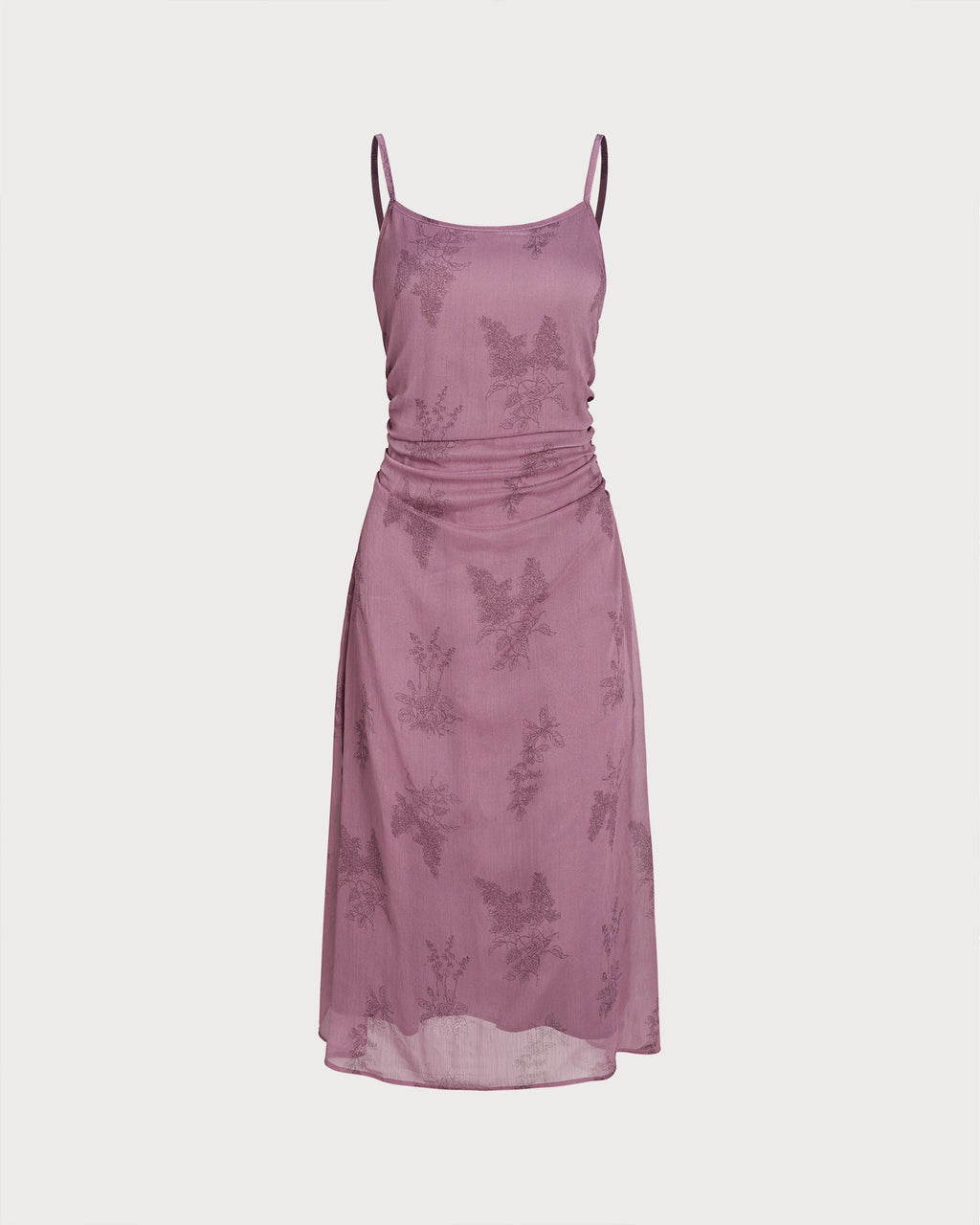 Purple Floral Ruched Slip Midi Dress