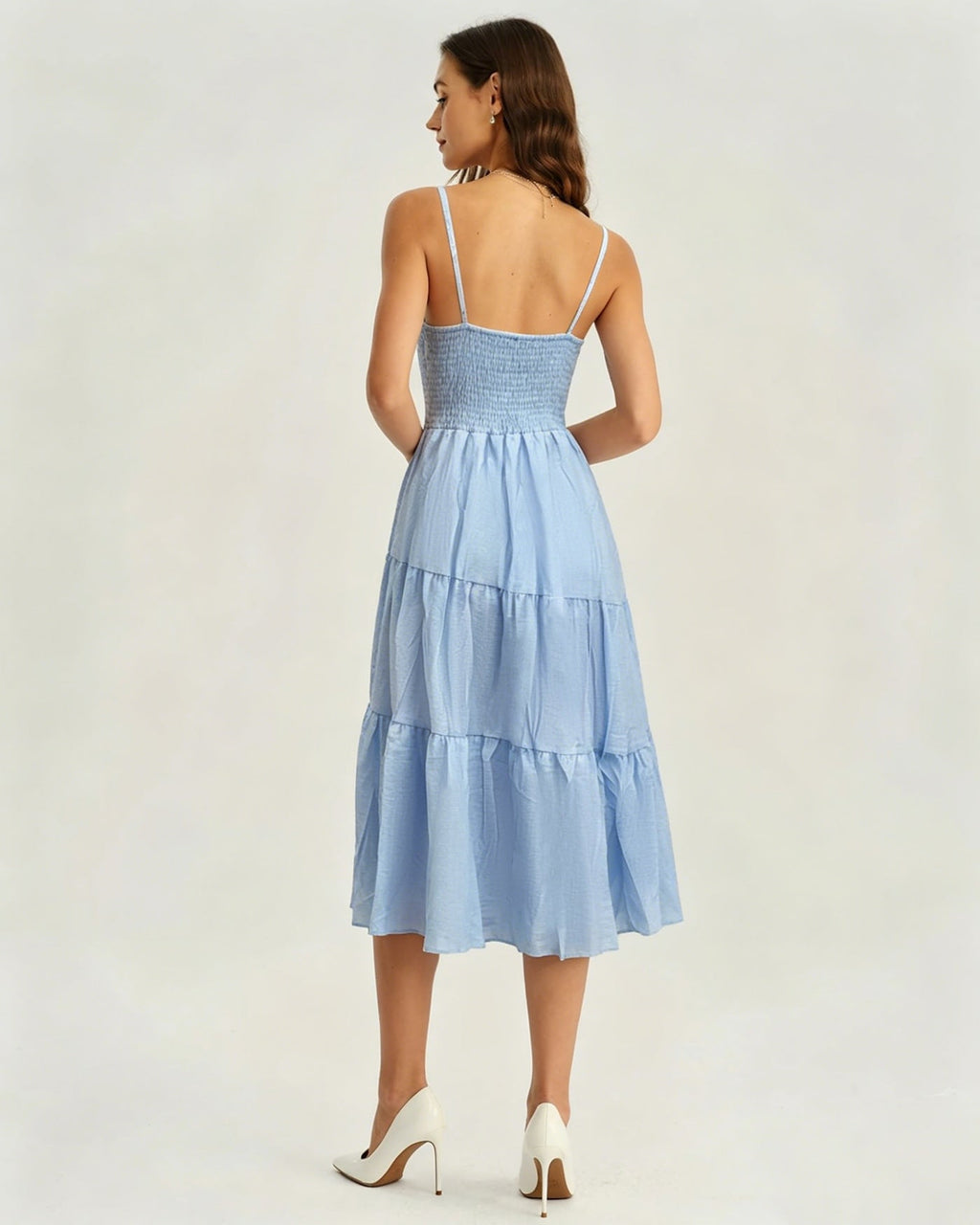 Blue Shirred Slip A-Line Midi Dress
