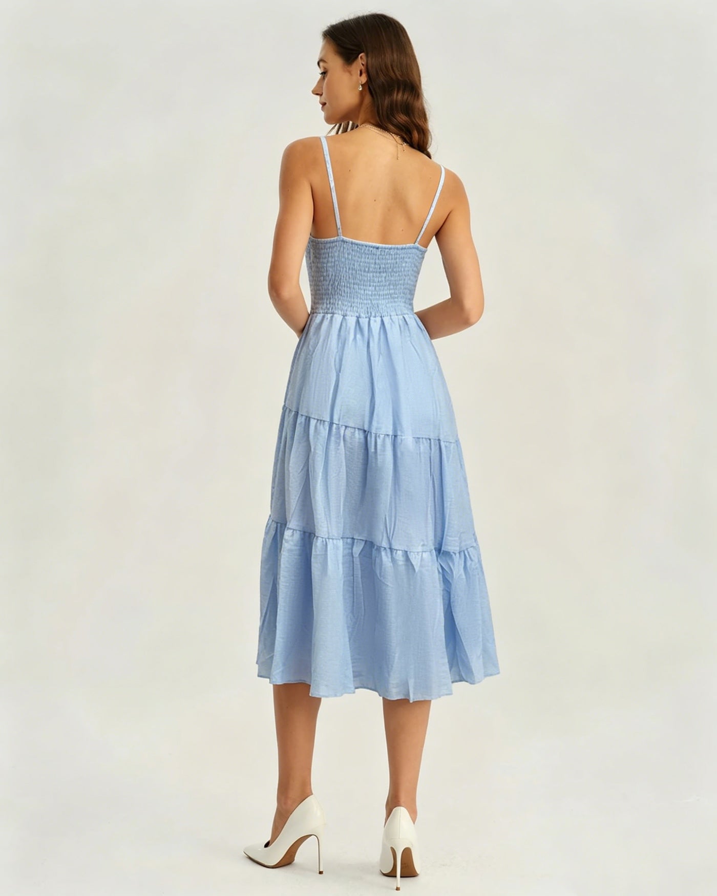 Blue Shirred Slip A-Line Midi Dress