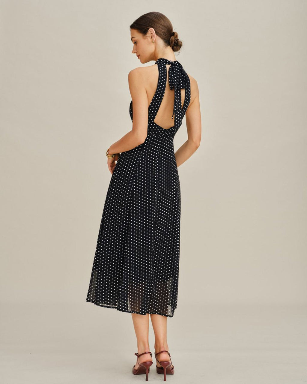 Black Polka Dot Halter Midi Dress