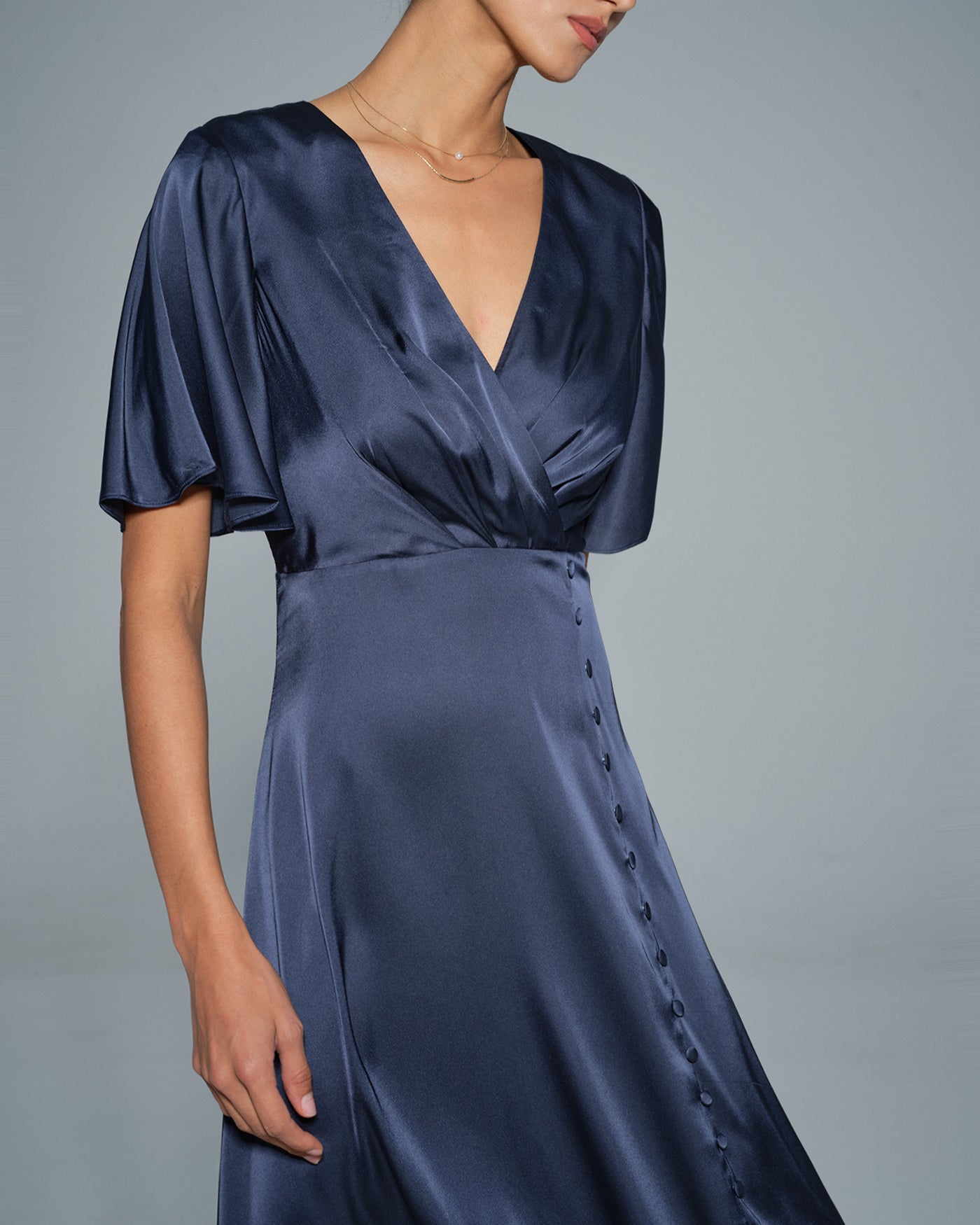 Navy V Neck Satin Midi Dress