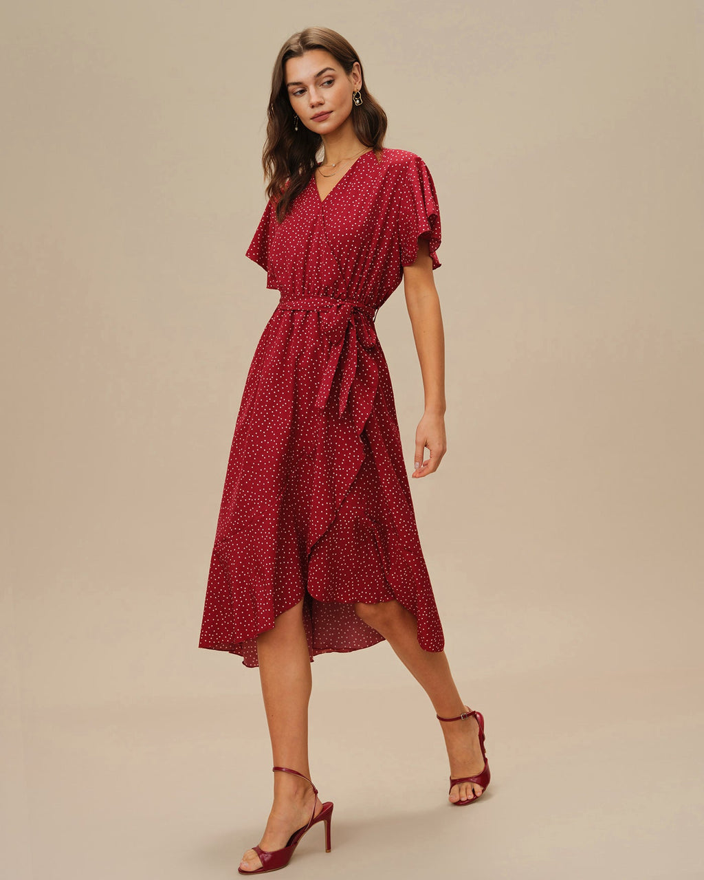 Red Butterfly Sleeve Polka Dot Midi Dress