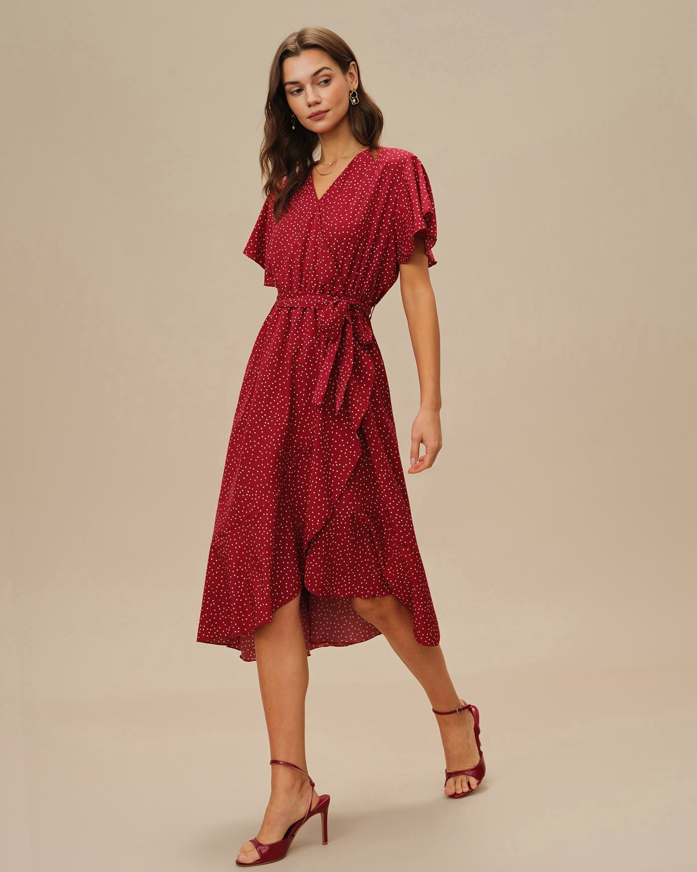 Red Butterfly Sleeve Polka Dot Midi Dress