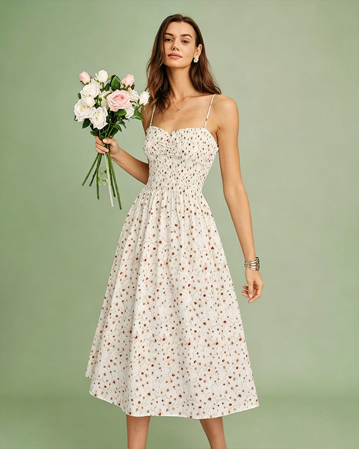 Apricot Floral Shirred Slip Midi Dress
