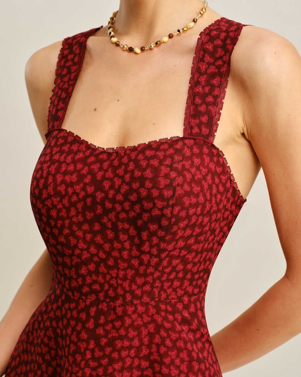 Red Sweetheart Neck Floral Midi Dress