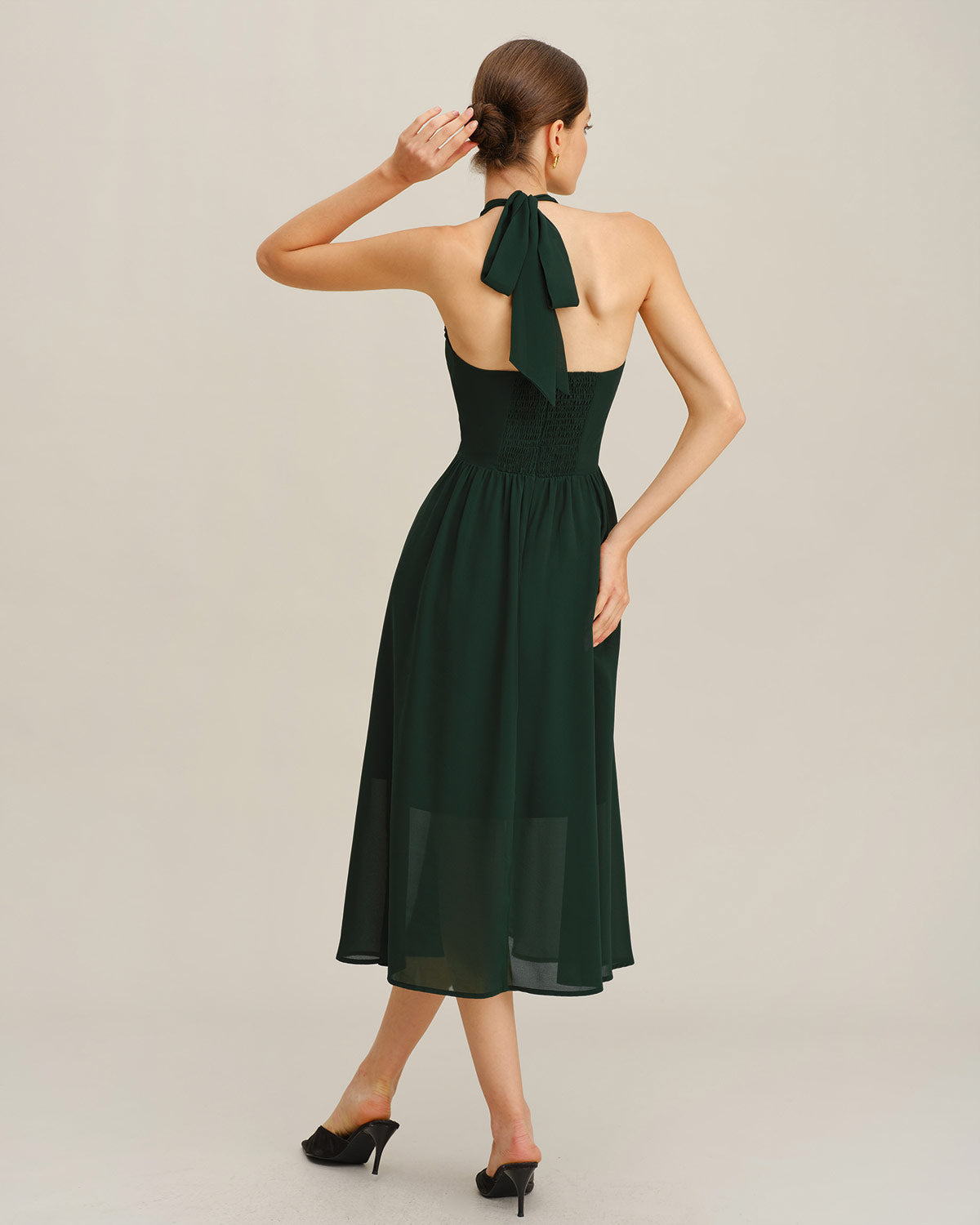 Green Chiffon A-Line Halter Midi Dress