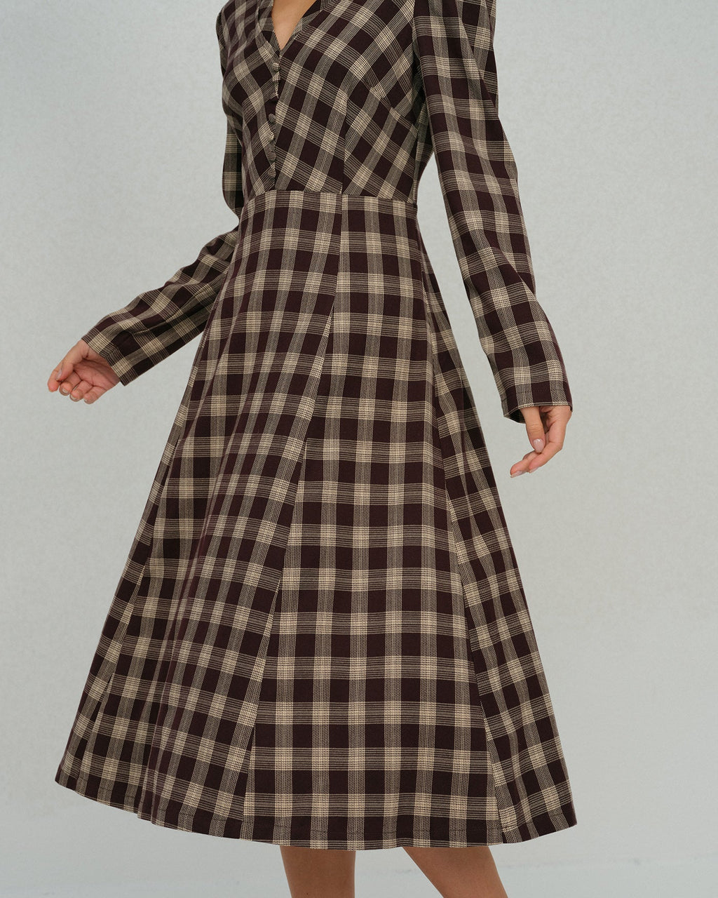 Brown Floral V Neck Midi Dress