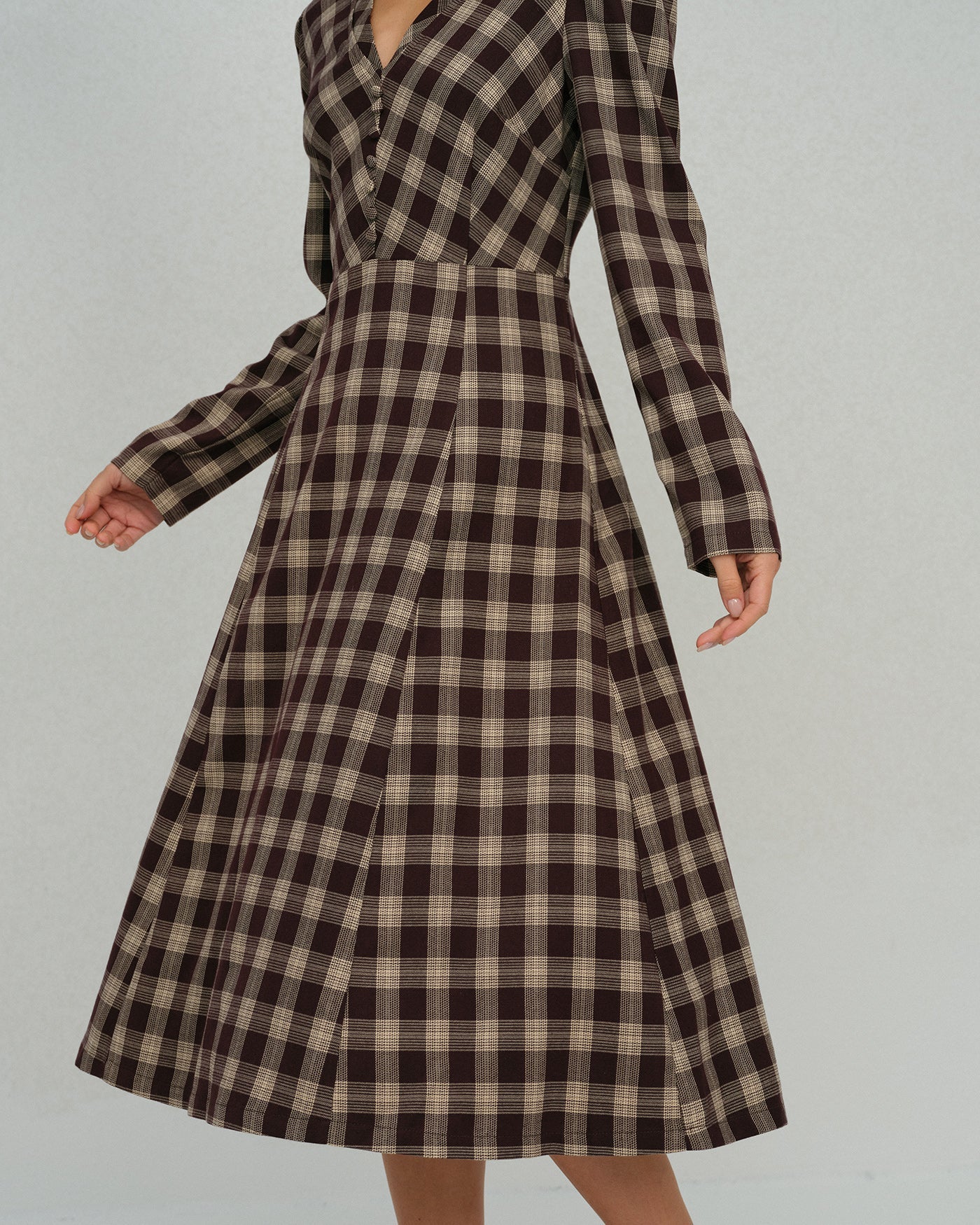 Brown Floral V Neck Midi Dress