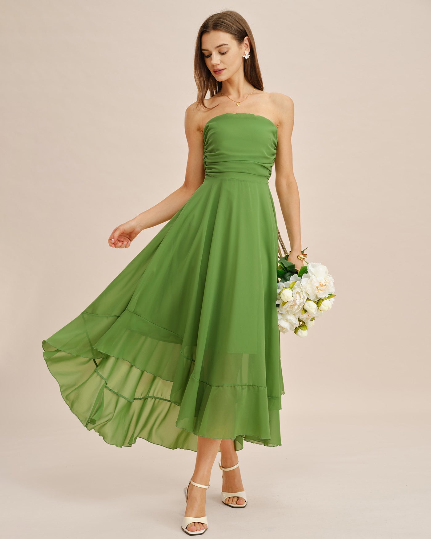 Green Flowy Strapless Midi Dress