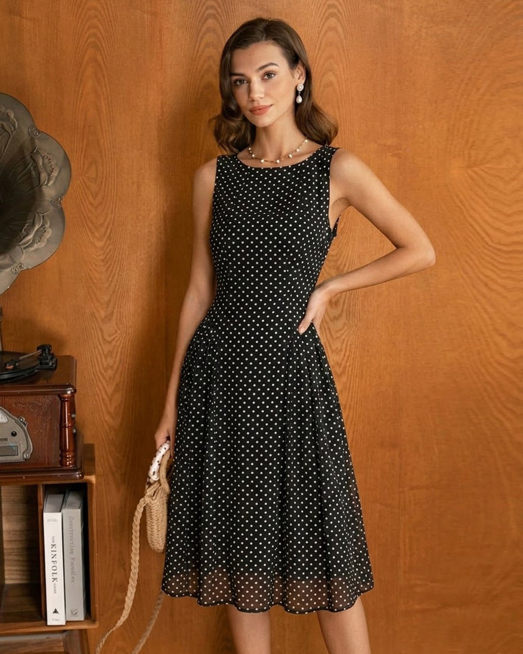 Black Polka Dot Chiffon Midi Dress