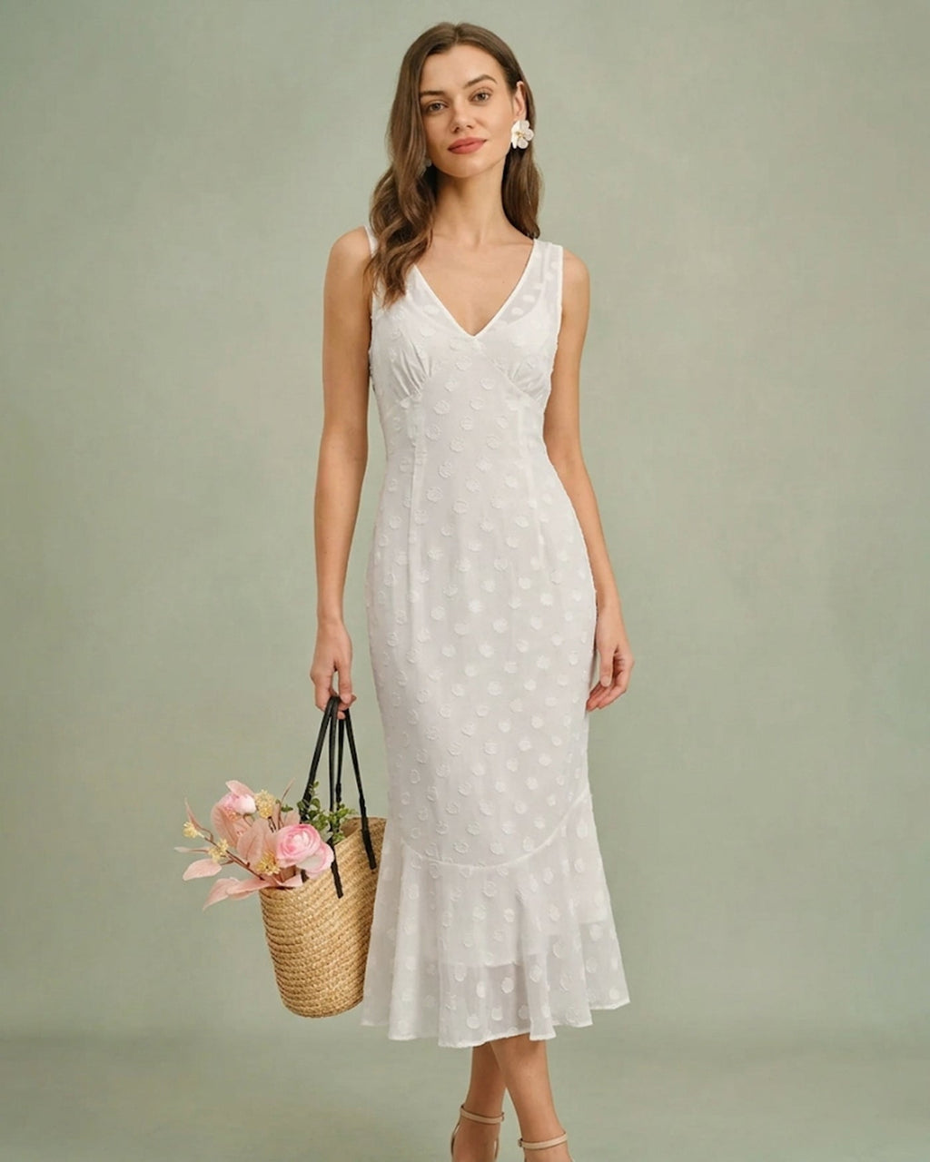 Beige Polka Dot V-Neck Midi Dress