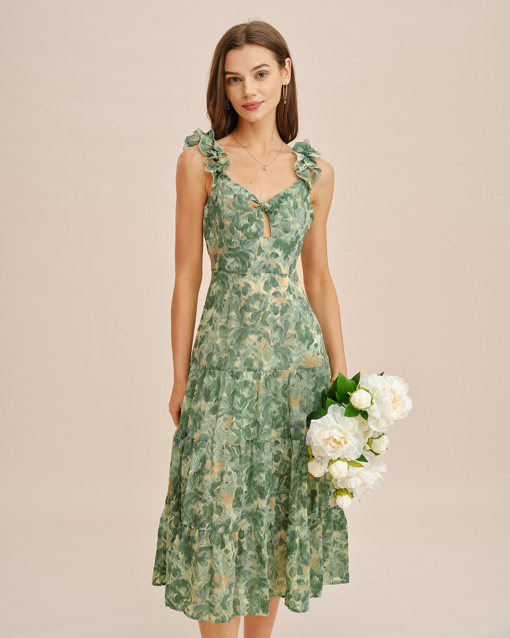 Green Shirred Sleeveless Midi Dress