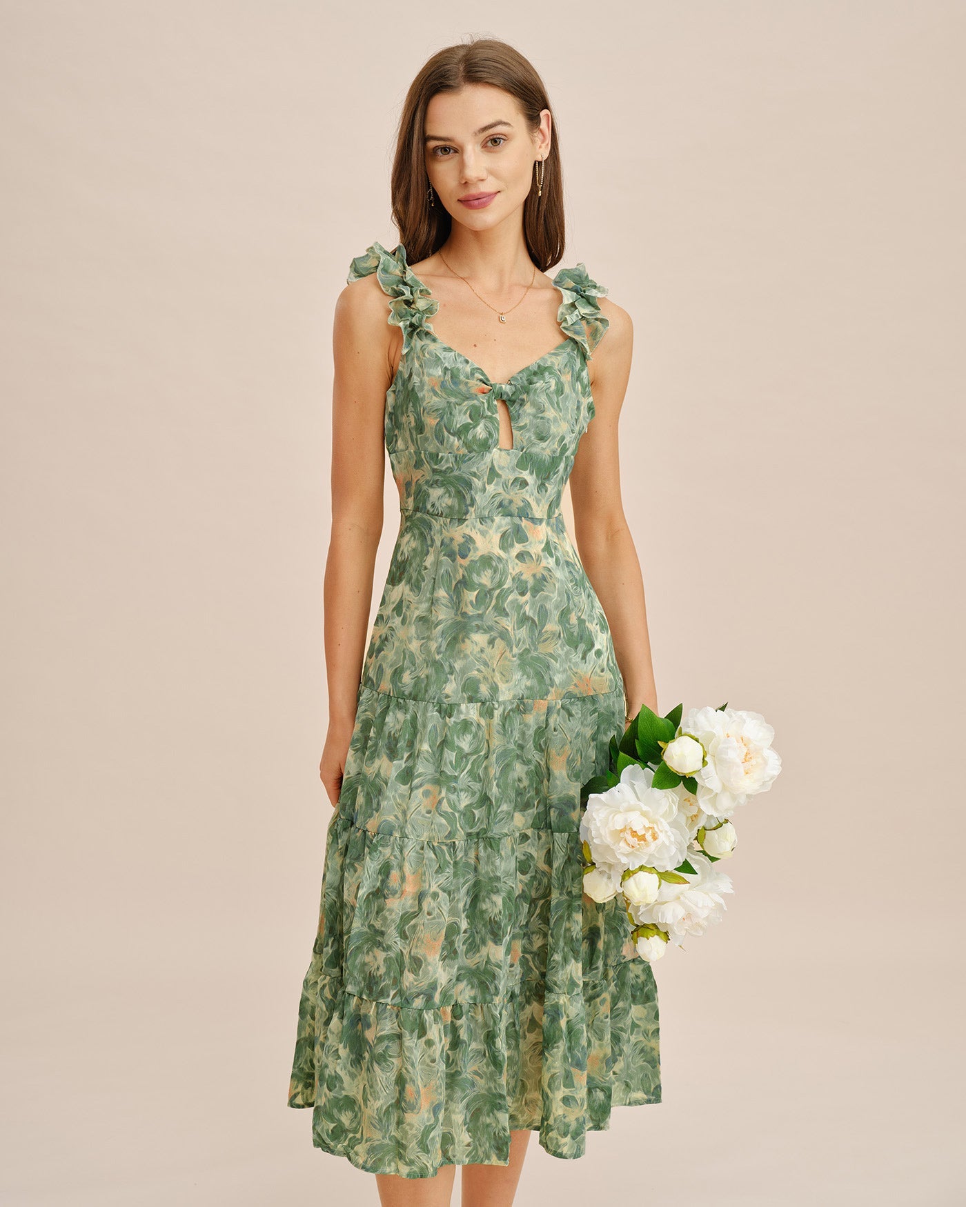 Green Shirred Sleeveless Midi Dress