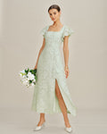 Green Square Neck Floral Textured Midi Dress