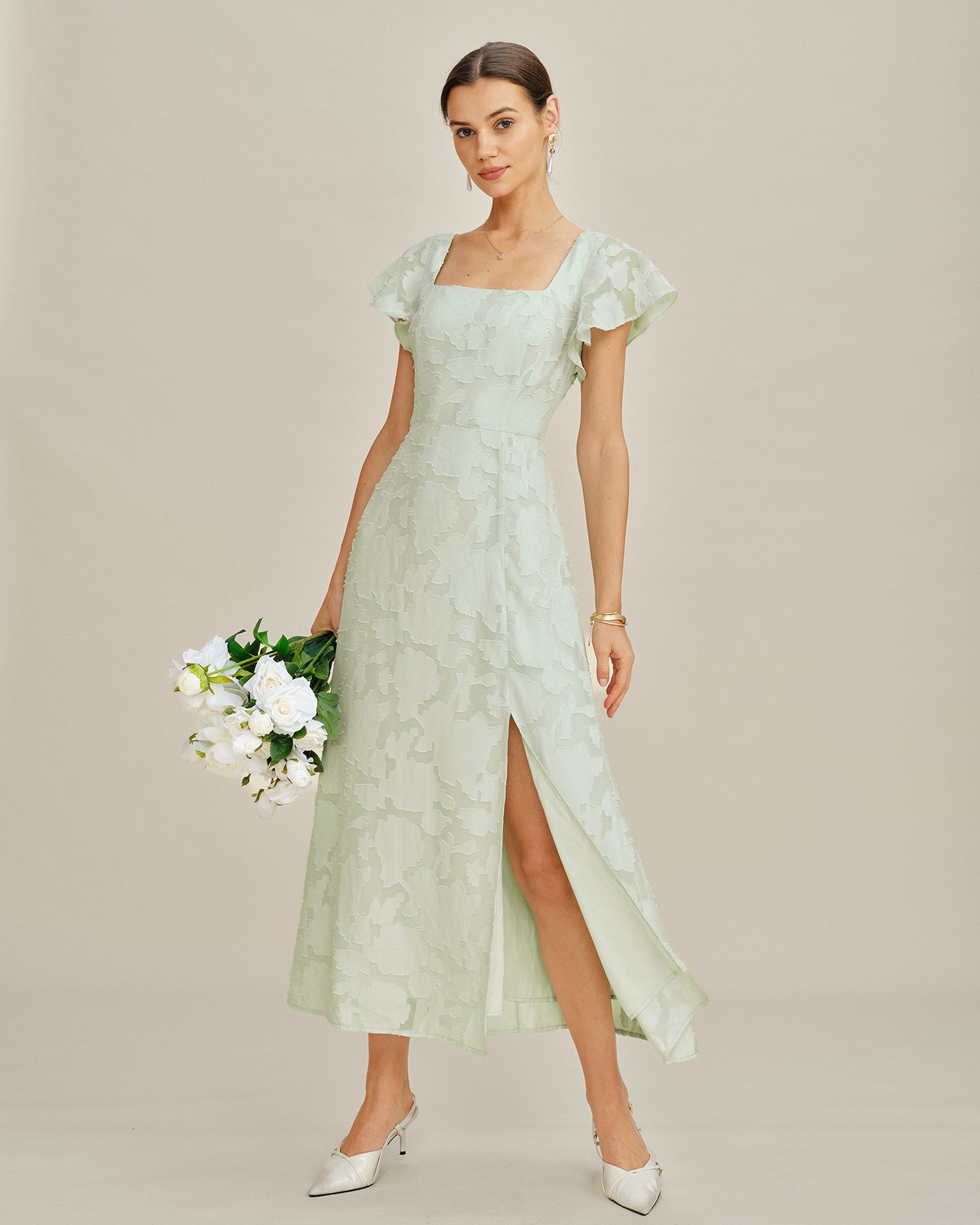 Green Square Neck Floral Textured Midi Dress