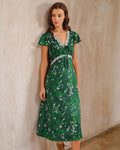 Green Floral V Neck Ruched Midi Dress