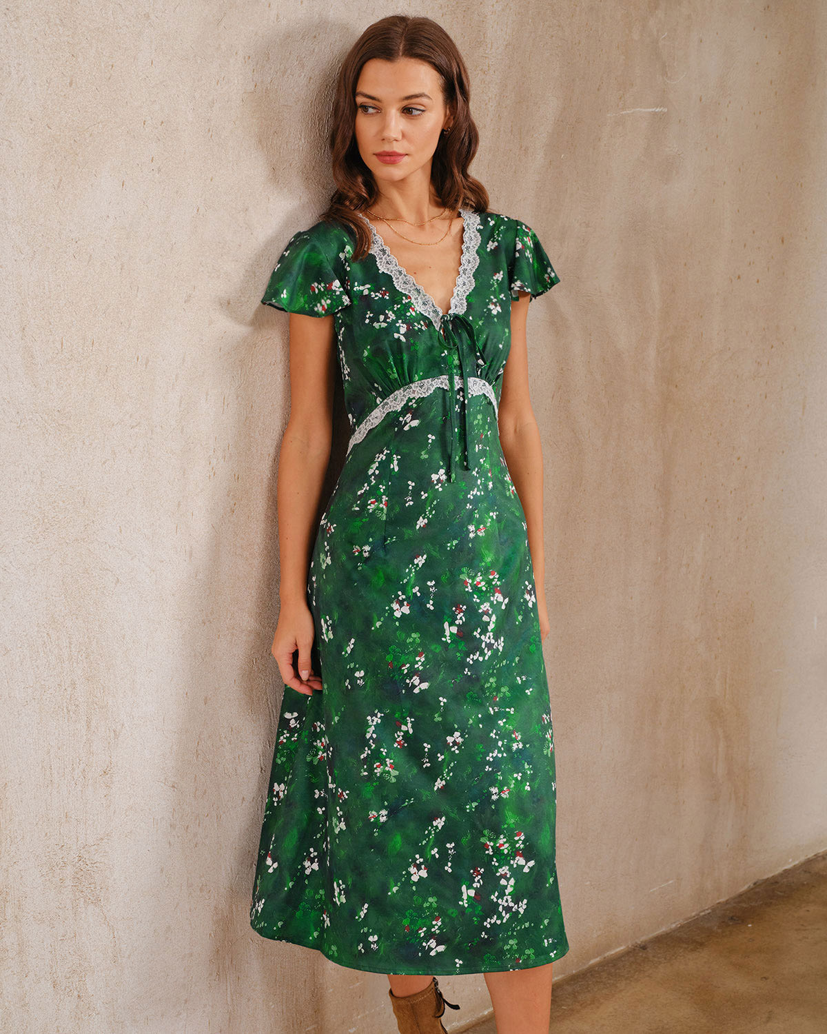 Green Floral V Neck Ruched Midi Dress