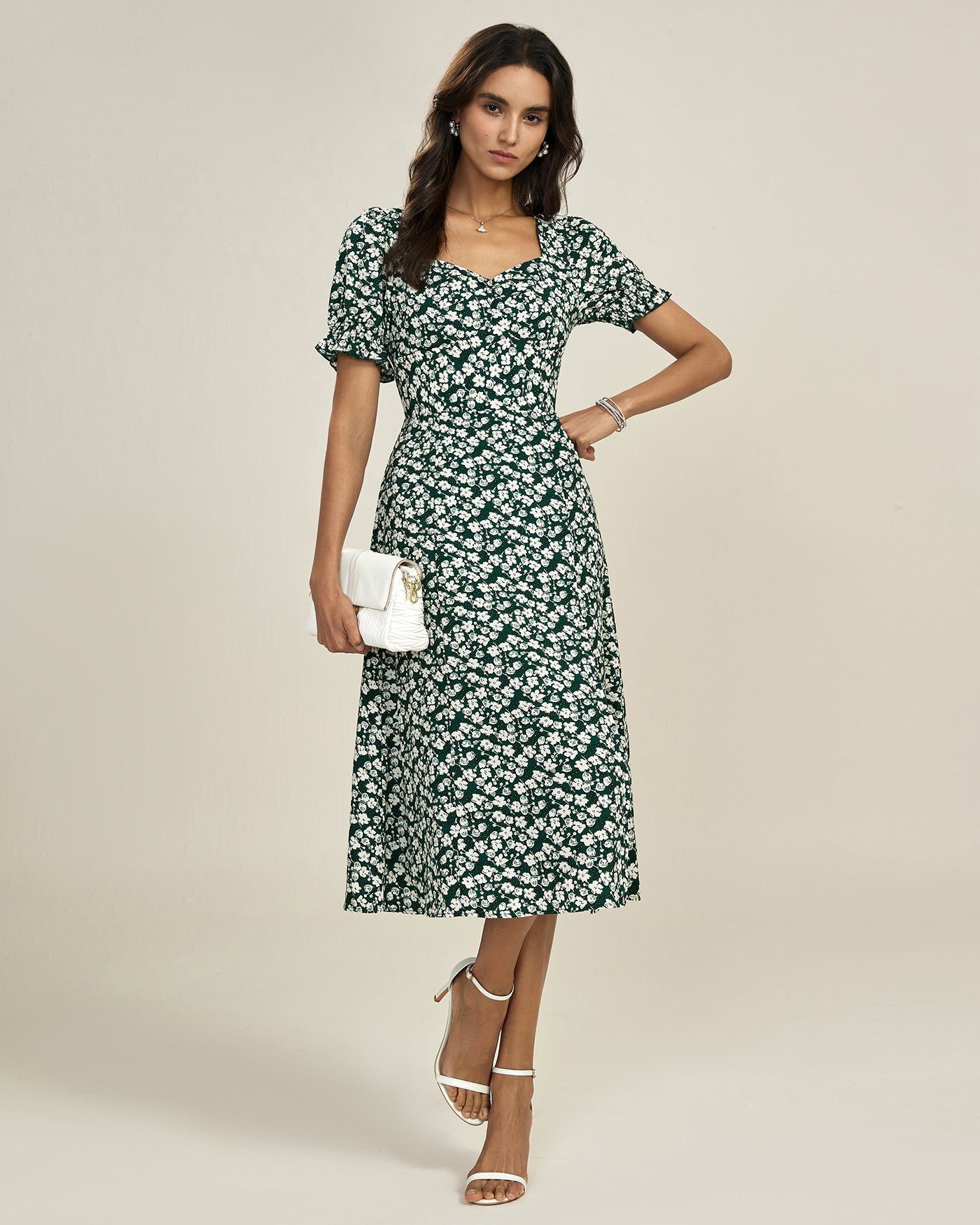 Green Floral V Neck Midi Dress