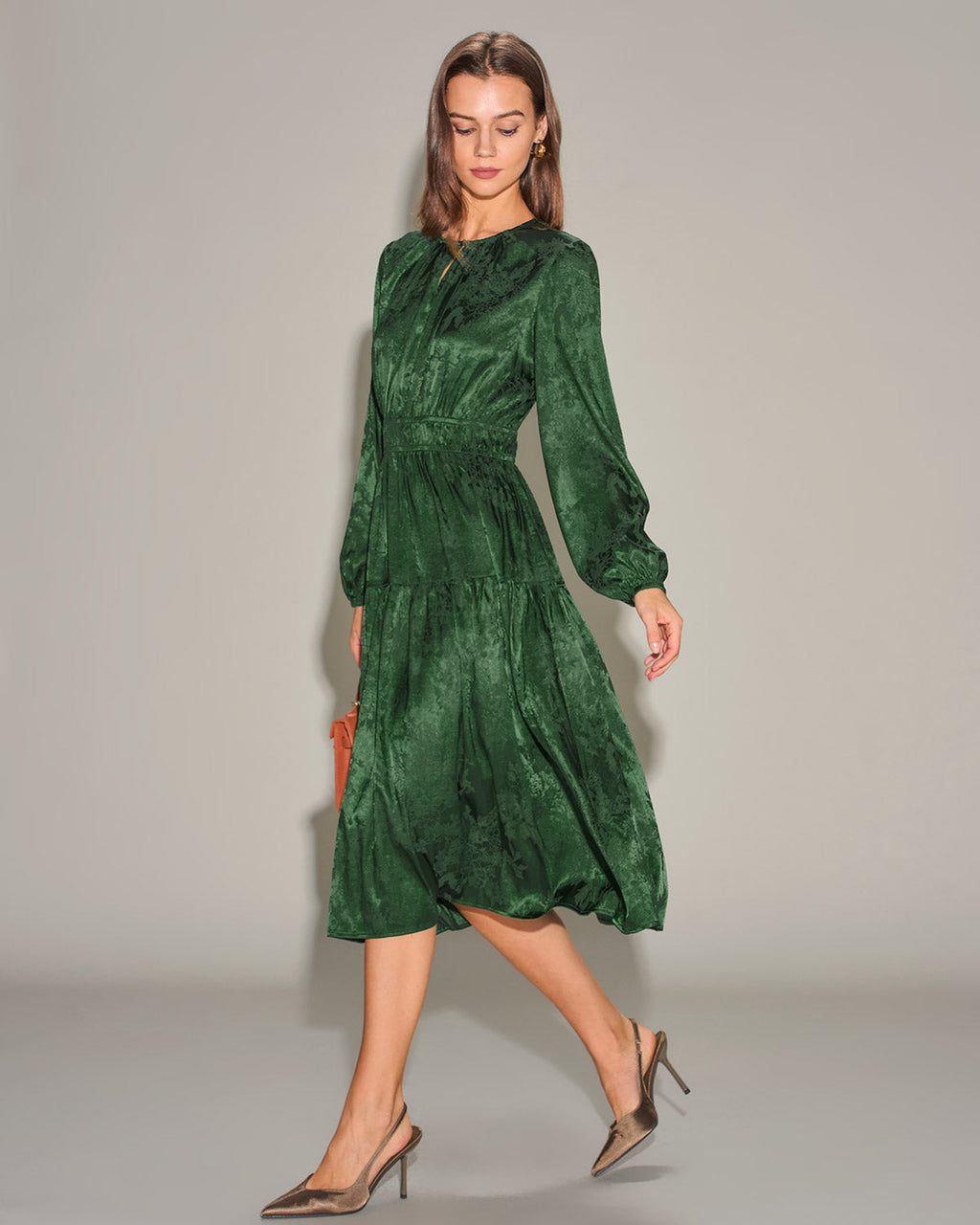 Green Jacquard Lantern Sleeve Midi Dress
